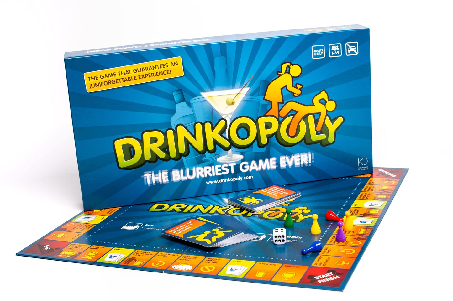 Drinkopoly - the King of Drinking Games - Combined Board/Table Party Games for Adults and Students with 50 Cards with Tasks, an (Un) Forgettable Experience, A Drinking Game Set Old Game