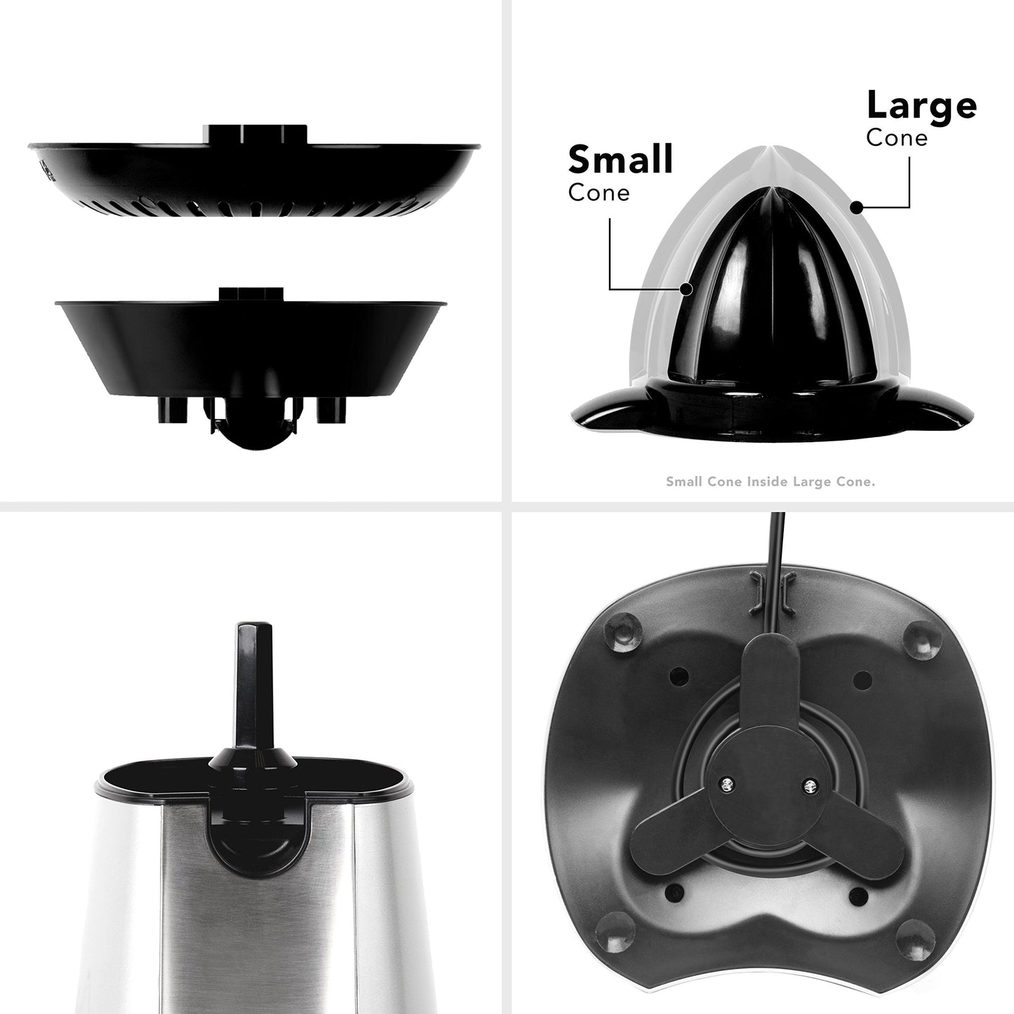 Duronic Electric Citrus Juicer JE6SR Fruit Juice Press Extractor 100W Motor Silver and Stainless-Steel 2 Cone Oranges Lemons Squeezer Machine JE6SR 100 Watt