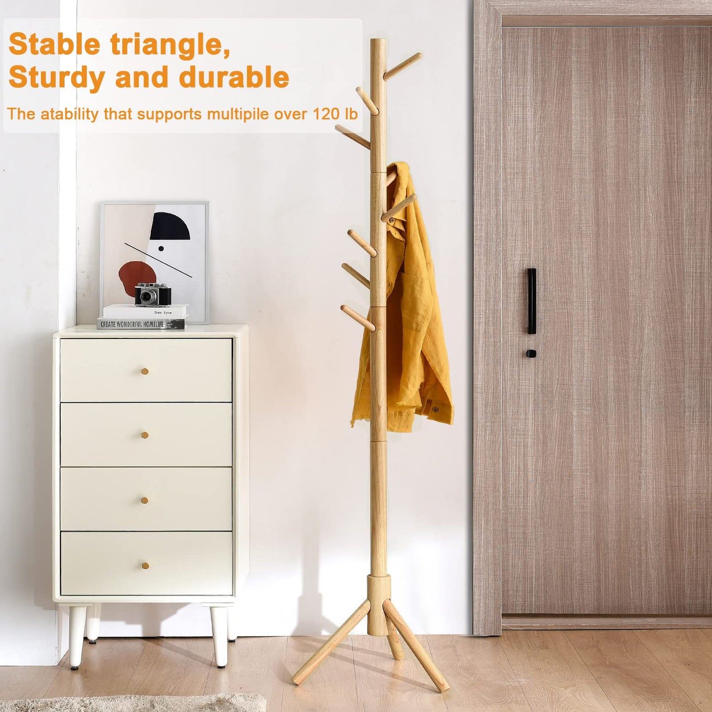 IBUYKE Wood Coat Rack Free Standing, Entryway Hall Tree Coat Tree, Adjustable Coat Tree with 8 Hooks, for Home or Office Clothes, Scarves, Handbags, Natural Color RF-1193 Trois pattes