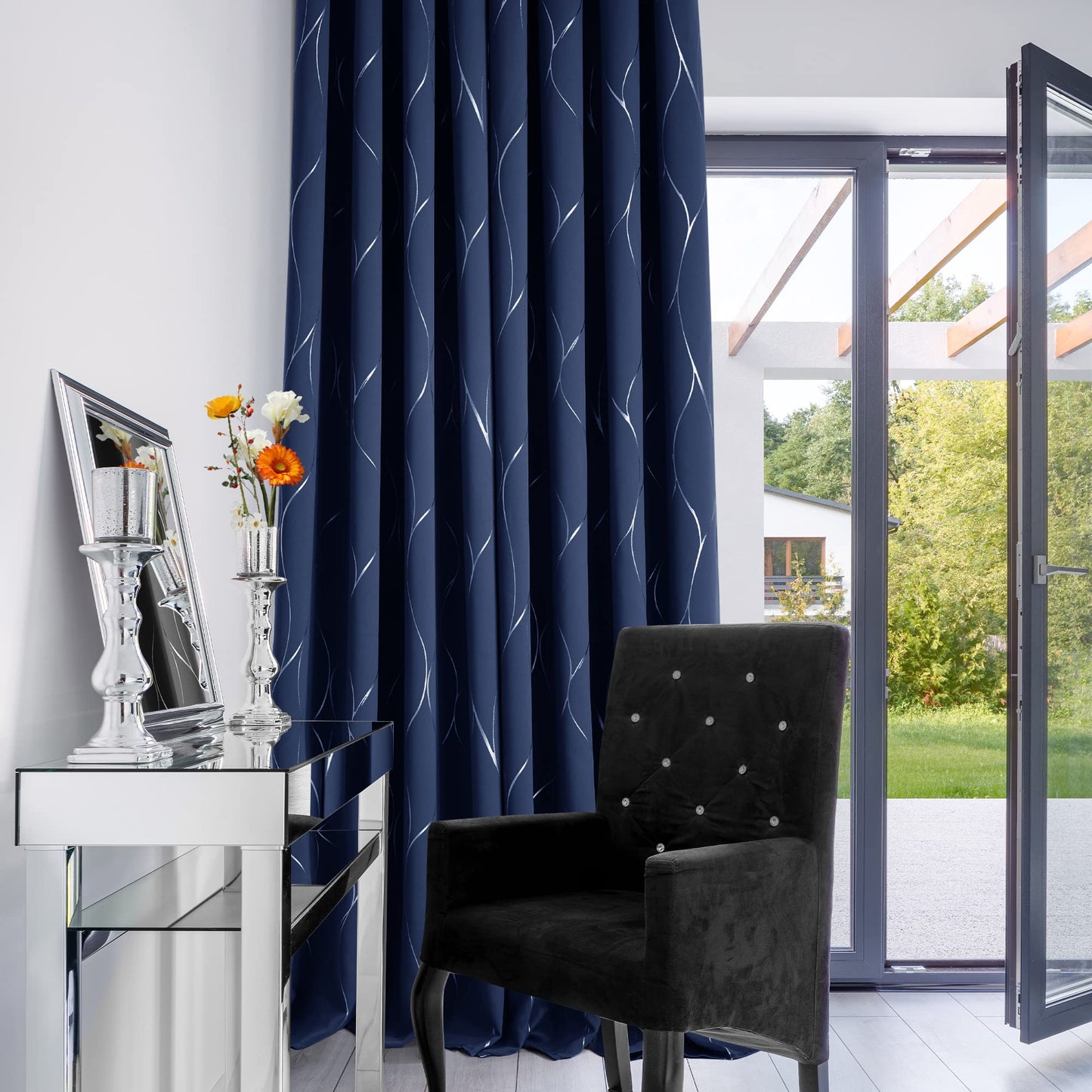 Deconovo Eyelet Blackout Curtains, Thermal Insulated Silver Wave Line Foil Printed Curtains for Bedroom, 46 x 72 Inch(Width x Length), Navy Blue, one pair W46 x L72