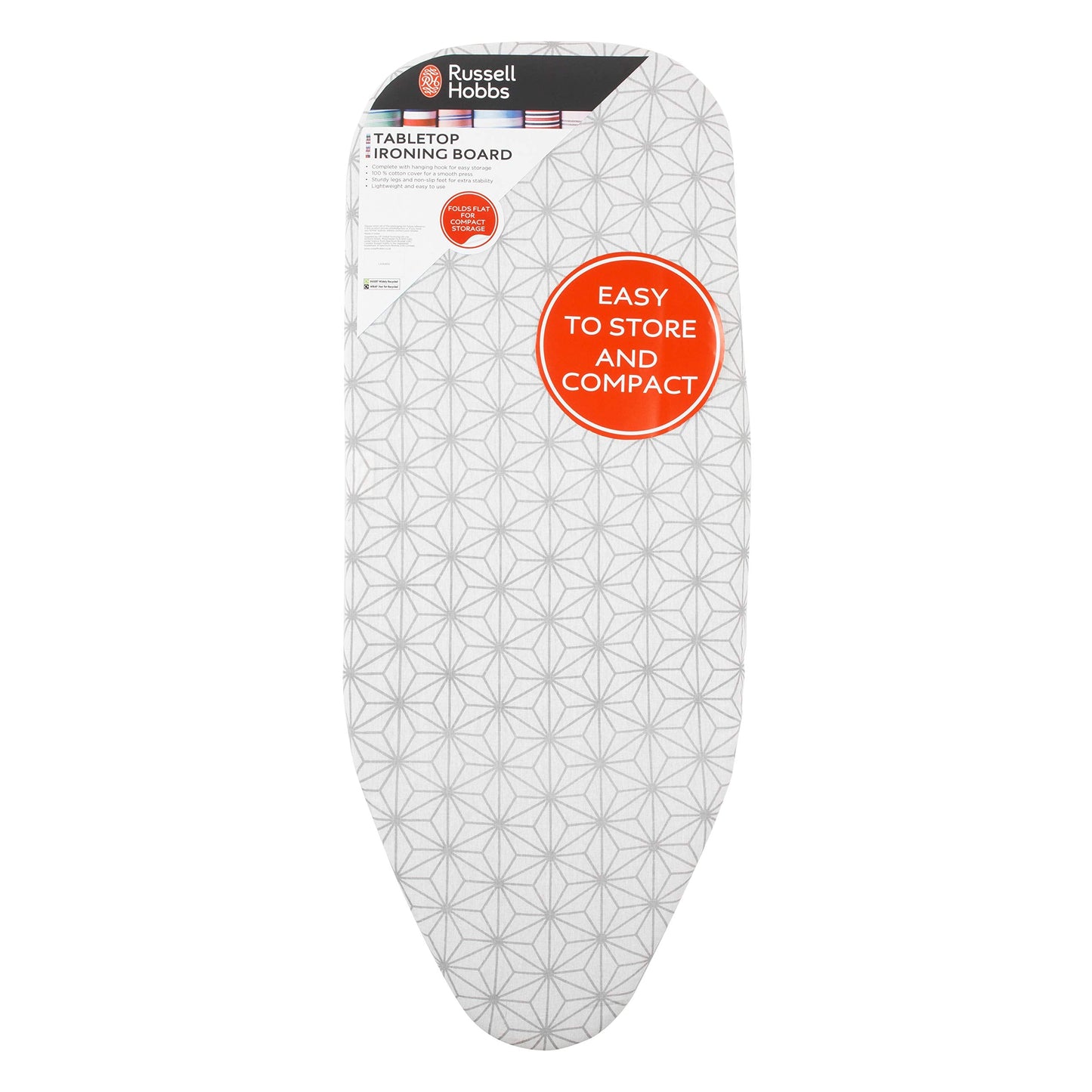 Russell Hobbs LA054012 Table Top Ironing Board – Small Foldable Ironing Table, Non-Slip Feet, Lightweight & Compact, 100% Machine Washable Cotton Cover, Travel/Small Homes, Left & Right-Handed Users