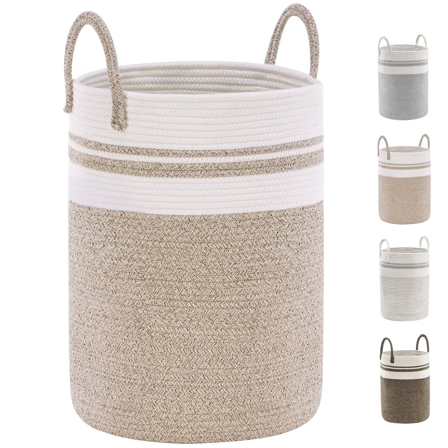 YOUDENOVA Cotton Rope Basket Large Blanket Basket Woven Storage Basket Toy Storage Organiser Nursery Decor Laundry Hamper with Handle 58L (38cm(D) x50cm(H), Z-brown) 38cm(D)x50cm(H)