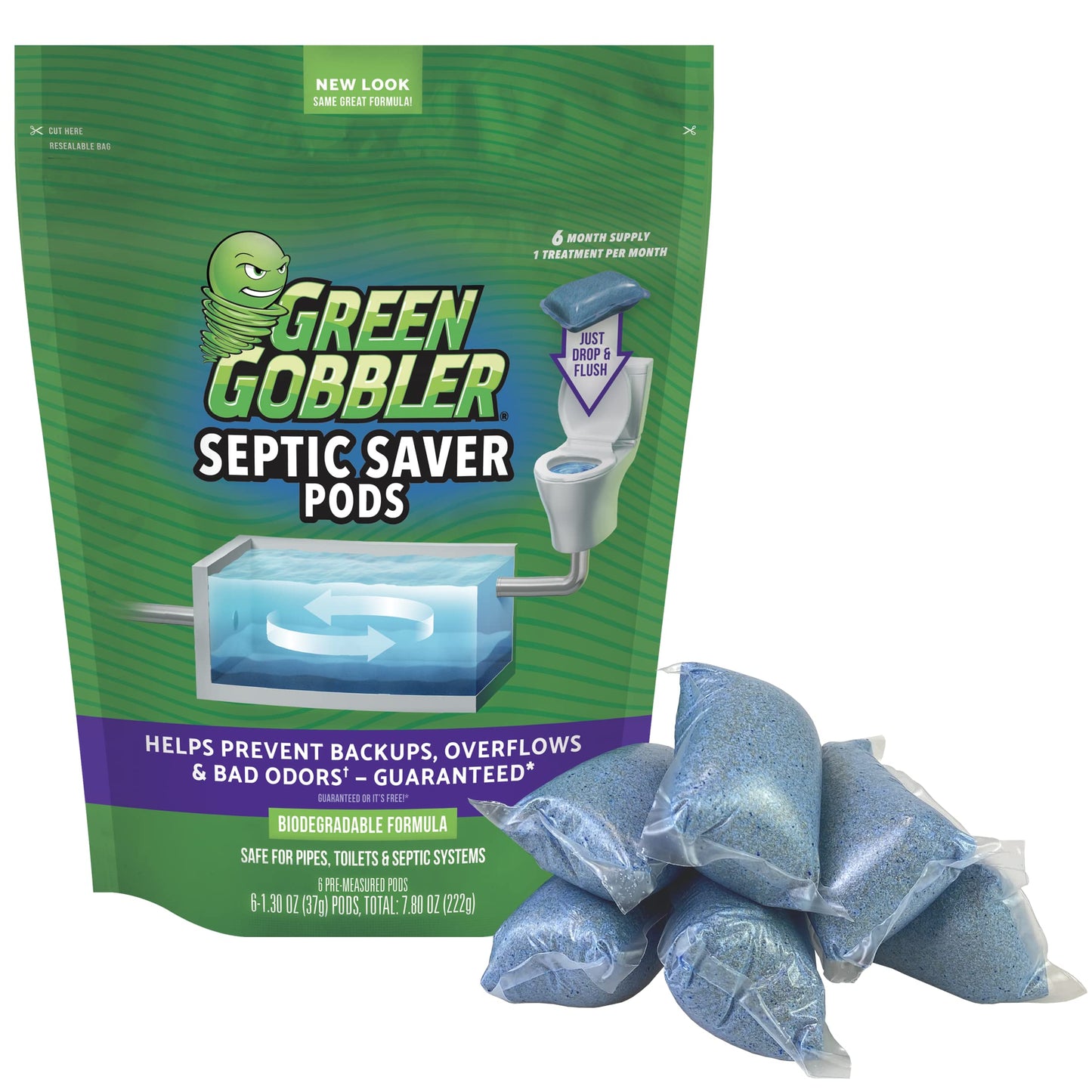 Green Gobbler Septic Saver Treatment System - Sewage & Septic Tank Cleaner - Bacteria Enzyme Packs for Monthly Septic Tank Treatments - 6 Pods (1.3oz)