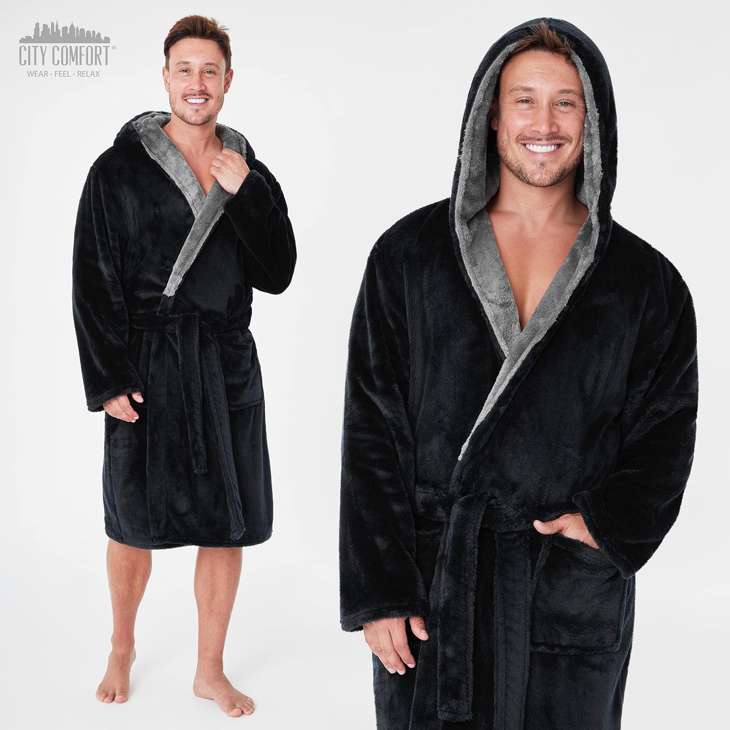 CityComfort Luxury Super Soft Men Dressing Gown Mens Bathrobe L Black