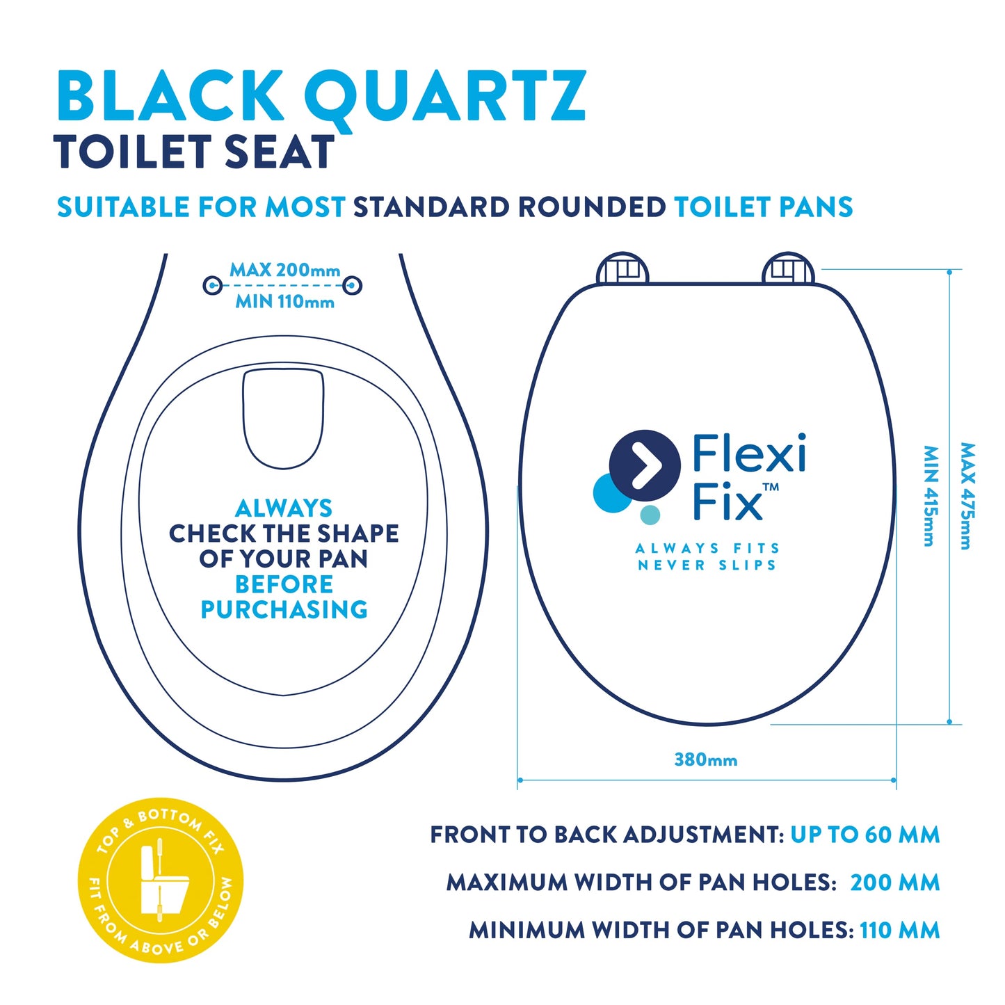 Croydex Black Quartz Flexi-Fix Toilet Seat, Black Toilet Seat Glitter Quartz Finish, Flexi-Fix Never Slips Grip Pad Technology, Adjustable Hinges, Top & Bottom Fix, All Fittings Included 44.5x38x6cm Quartz Black