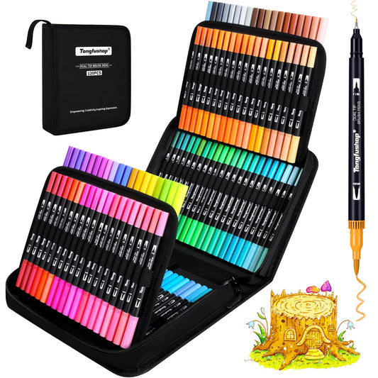 Tongfushop 120 Colouring Pens, Felt Tip Pens, Brush Pens for Adults Kids Children, Dual Tip Coloured Pens for Drawing, Sketching, Calligraphy, Colouring Books, Comic and Painting