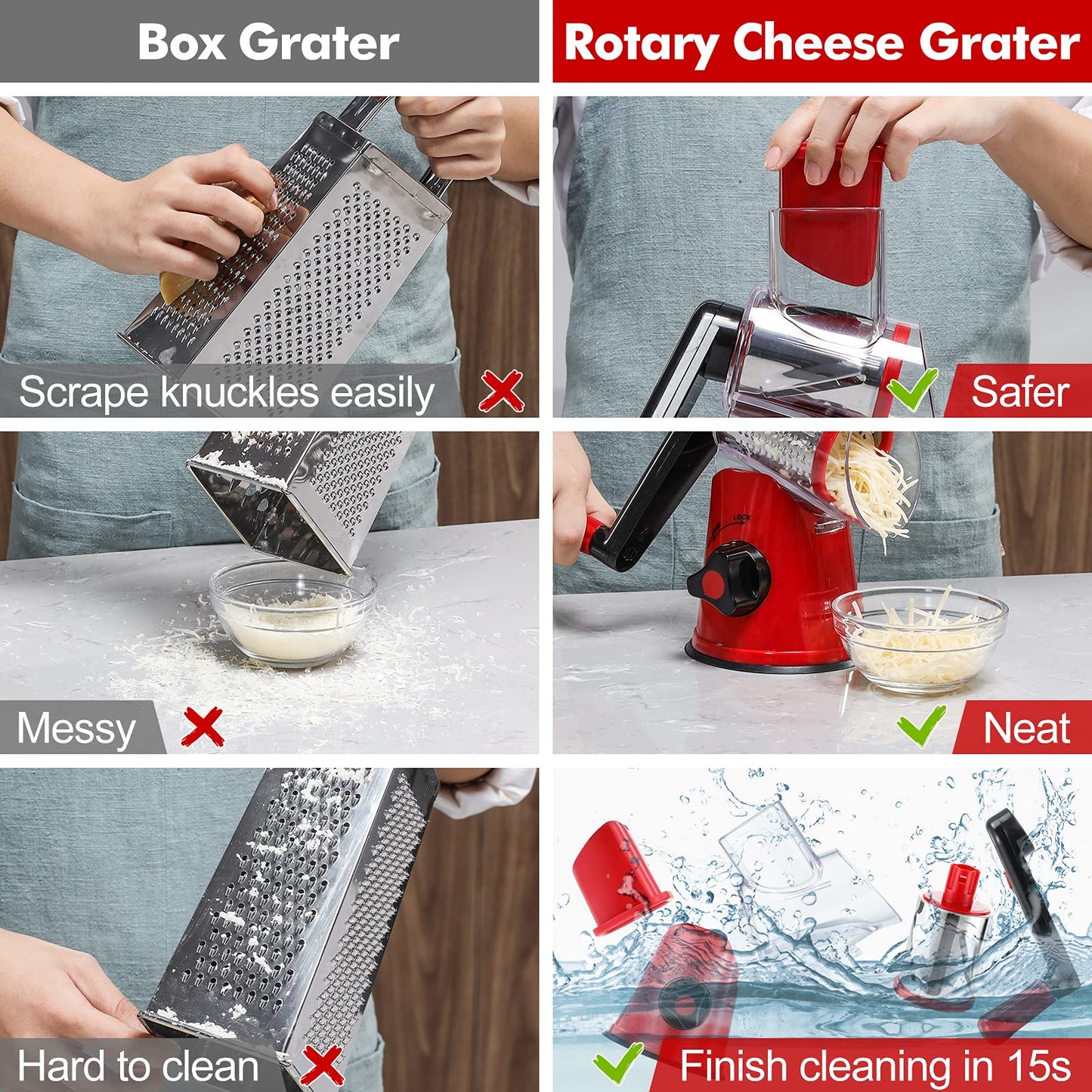 GDL Cheese Grater Rotary, Vegetable Slicer with 3 Interchangeable Drum Blades，Grater Kitchen Fast Cutting for Time Saving, Rotary Grater Suitable for Vegetable, Fruit, Nut, etc. Red