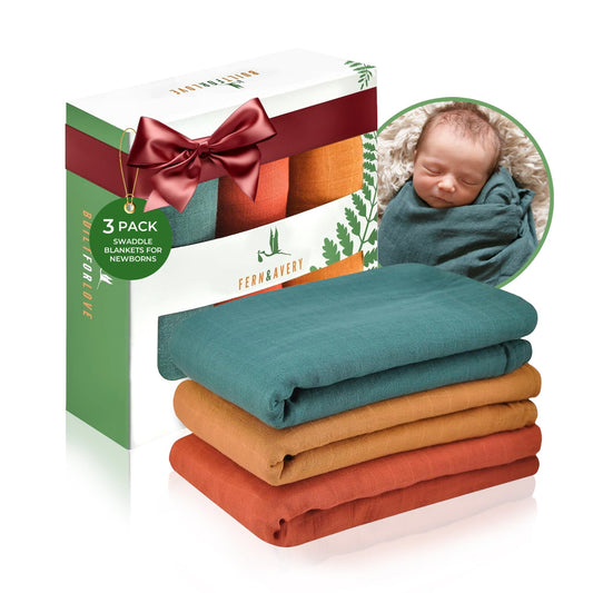 Fern & Avery Muslin Swaddle Blankets - Comfy Receiving Preemie Swaddle Blanket for Boys & Girls - Lightweight Breathable Bamboo Viscose & Cotton - Gender Neutral Receiving Blankets - Forest 3-Pack Rust