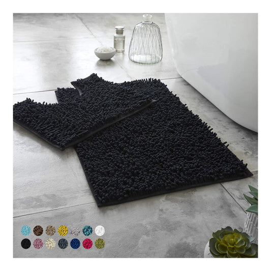 Lions Luxury 2 Piece Loop Bath Mats for Bathroom - Non Slip Chenille Bath Mat Set Rugs, Extra Soft with Water Absorbent Pedestal Bathmat Shower Toilet Mat, Black 50x80cm