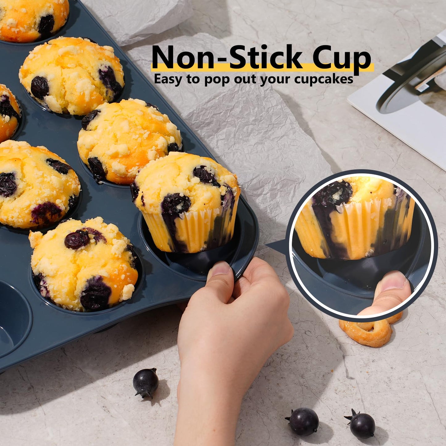 SUPER KITCHEN Set of 2 Large Muffin Tray 12 Cup Silicone Muffin Pan, Non-Stick Muffin Cupcake Tin, Baking Mould for Muffins or Cupcakes, Bakeware 33 x 25 x 3 cm (Grey) Grey 2 Pack Muffin Trays