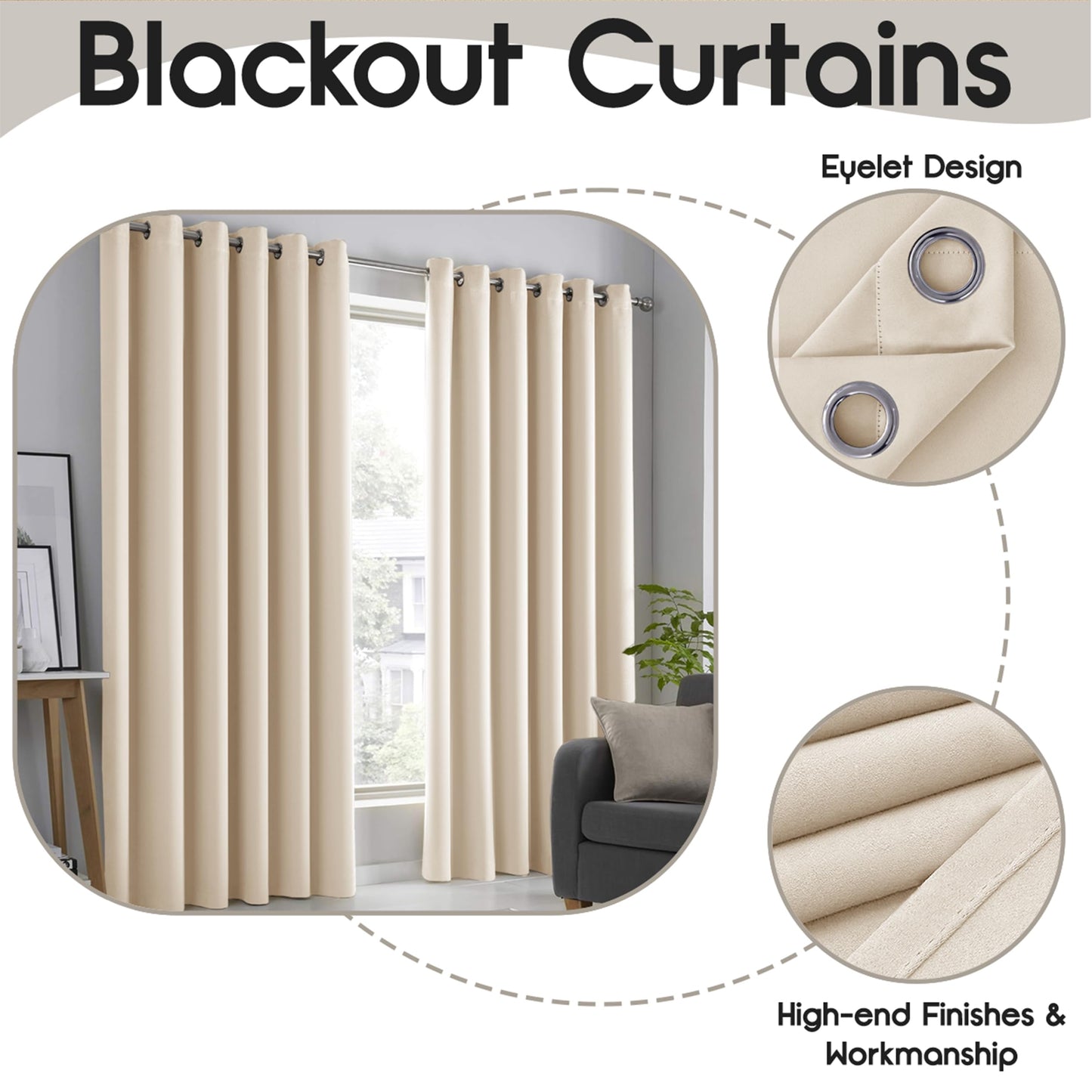 AMEHA Blackout Eyelet Curtains Bedroom Thermal Insulated for Living Room 66x72 Drop Inch Super Soft Privacy Protection, Tiebacks with 2 Panel, Cream 66 Wide x 72 Drop