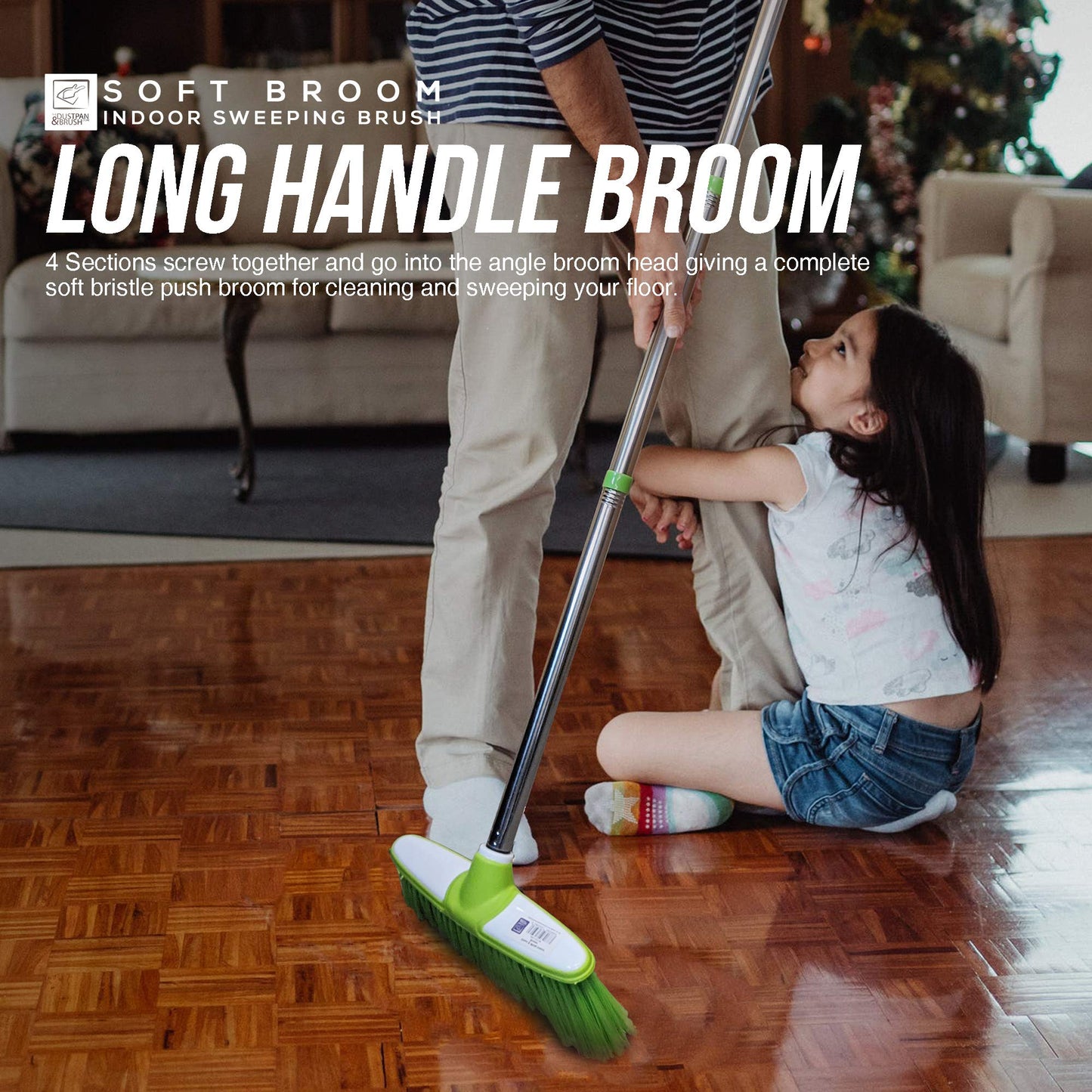 Soft Broom Indoor Sweeping Broom Brush with Stainless Steel Handle - The Perfect Indoor Sweeping Kitchen Floor Brush Broom for Your House - The Long Handled Brush Sweeper Broom (Green) Green