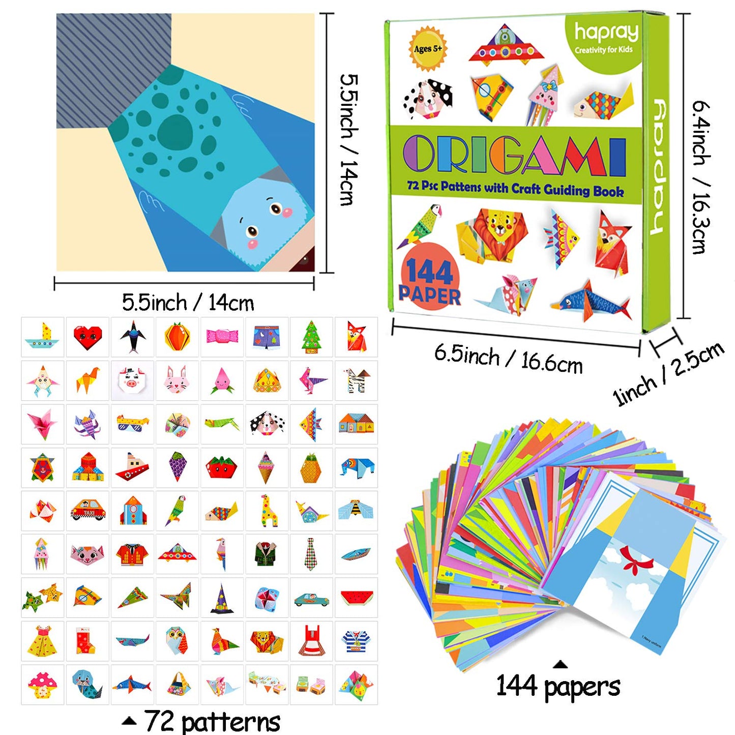 hapray Origami Kit for Kids Ages 6-12 10 Year Olds, with Guiding Book, 144 Sheets Paper with 72 Patterns, DIY Art and Craft Projects Activity, Beginners Children's Day Gift Childs Boys Girls