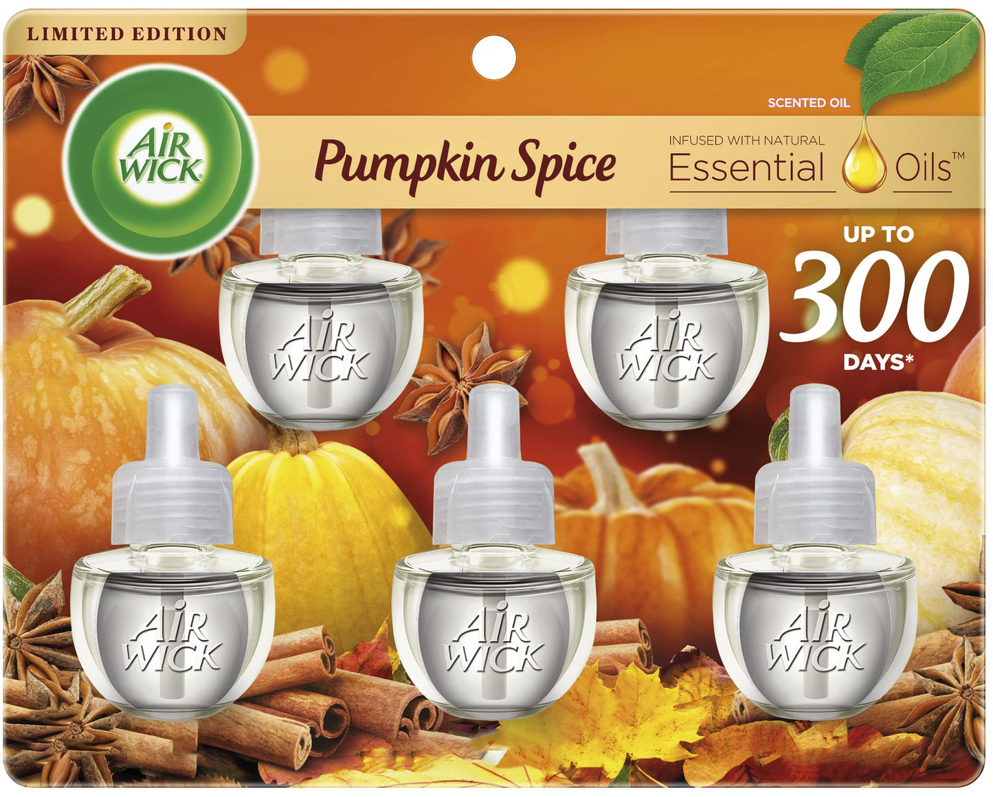 Air Wick Plug in Scented Oil 5 Refills, Pumpkin Spice, Fall Scent, Fall Spray, (5x0.67oz), Essential Oils, Air Freshener, Packaging May Vary