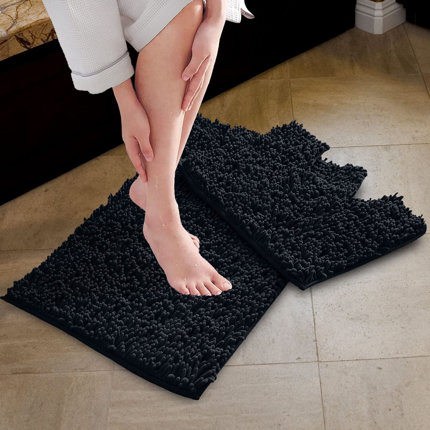 Lions Luxury 2 Piece Loop Bath Mats for Bathroom - Non Slip Chenille Bath Mat Set Rugs, Extra Soft with Water Absorbent Pedestal Bathmat Shower Toilet Mat, Black 50x80cm