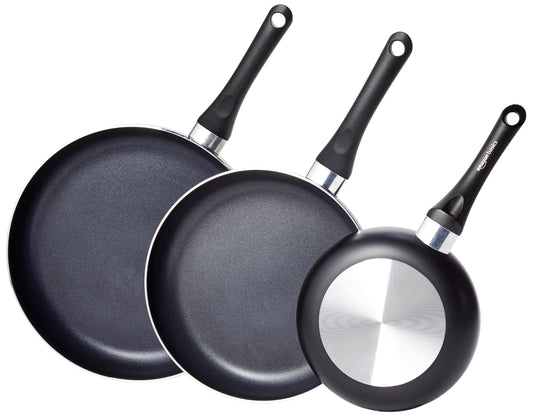 Amazon Basics 3-Piece Non-Stick Frying Pan Set, 20 cm, 25 cm, and 30 cm, Variety Pack, Black Single