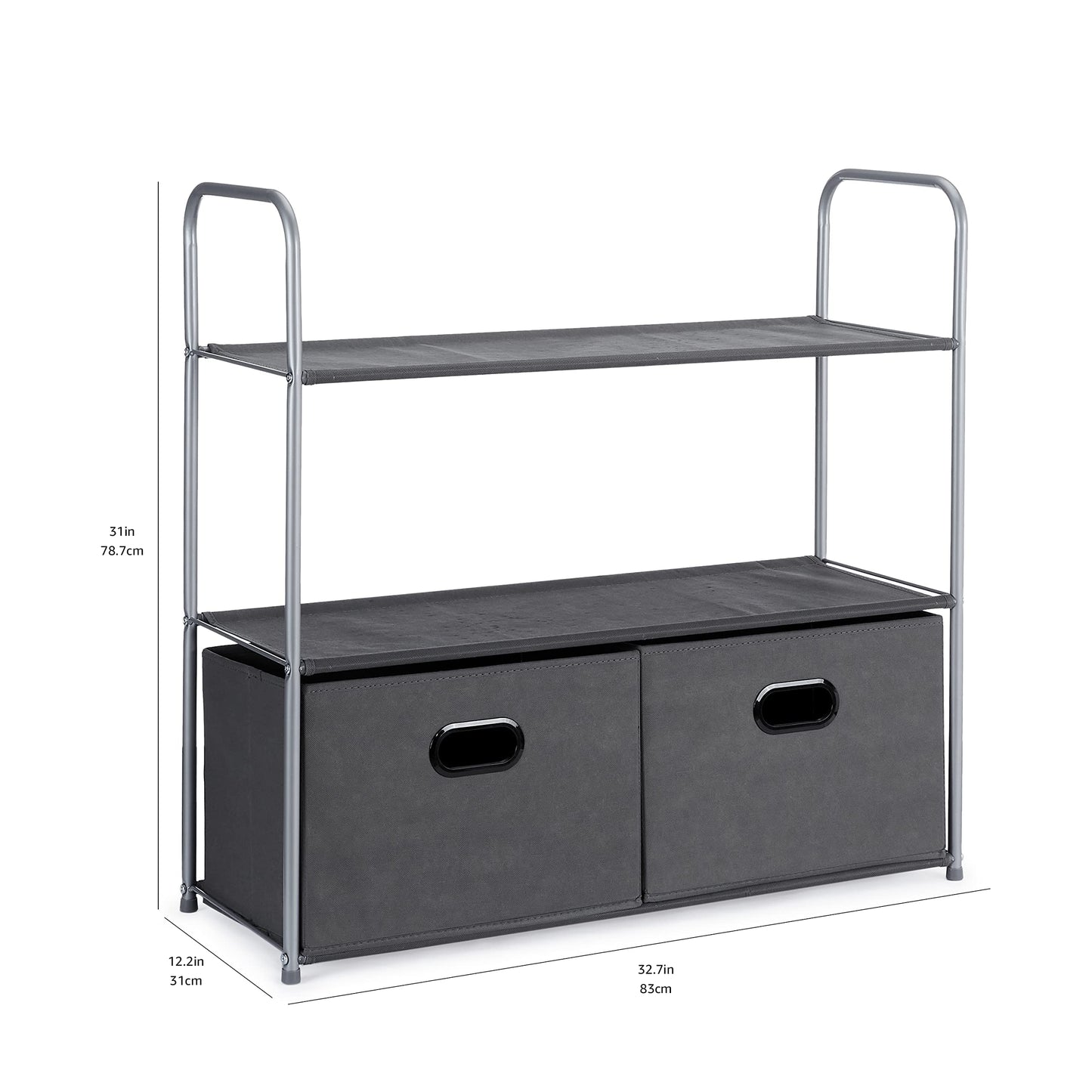 Amazon Basics Closet Storage Organiser Unit with Three Fabric Shelves and Two Collapsible Open-Top Bins, Gray, 83 x 31 x 78.7cm