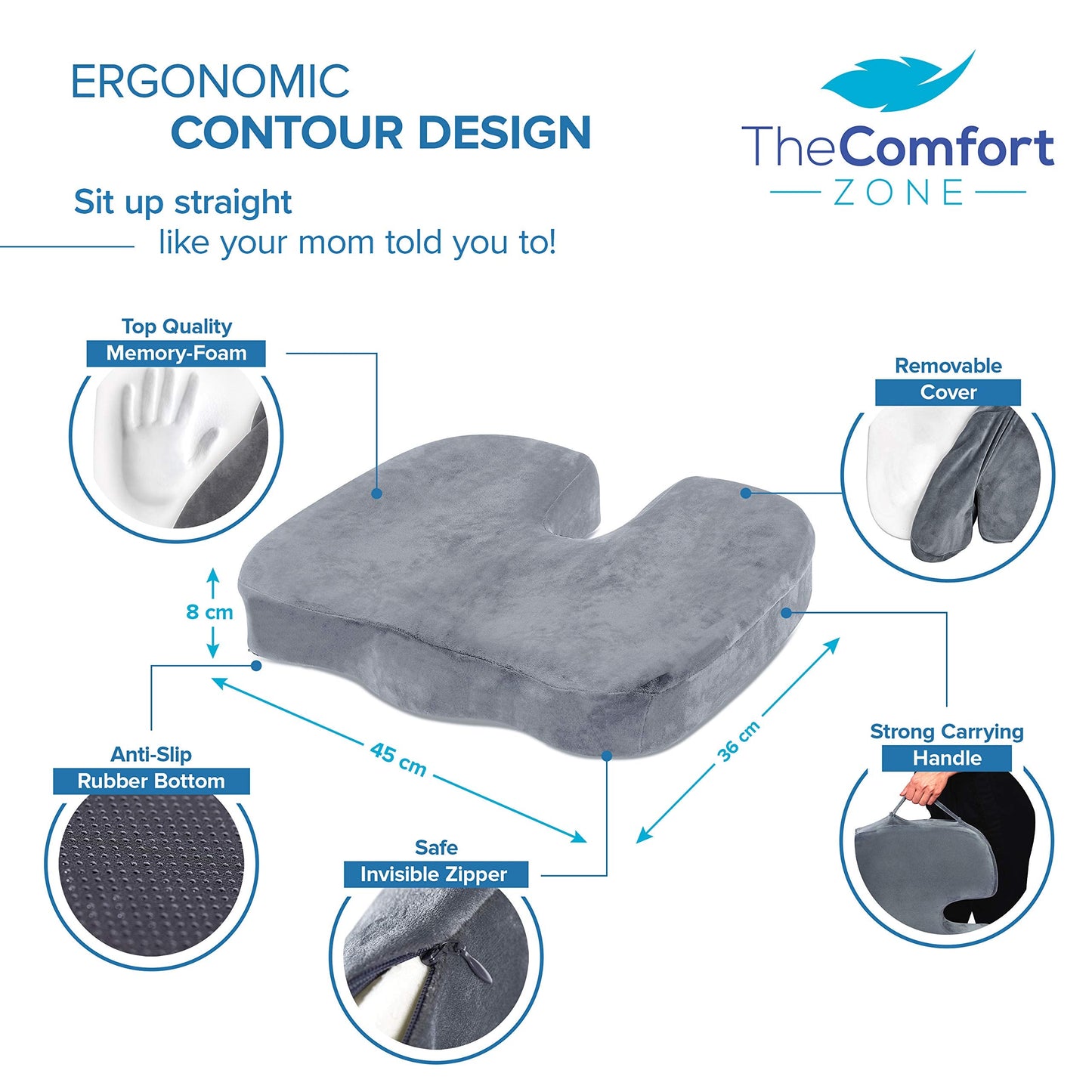 TheComfortZone Seat Cushion for Office Chair,Tailbone,Hemorrhoid, Back Support Pain Relief Chair Cushion pillow, Ergonomic Memory Foam Non-Slip pads, Coccyx Cushion, Wheelchair,Car Gray