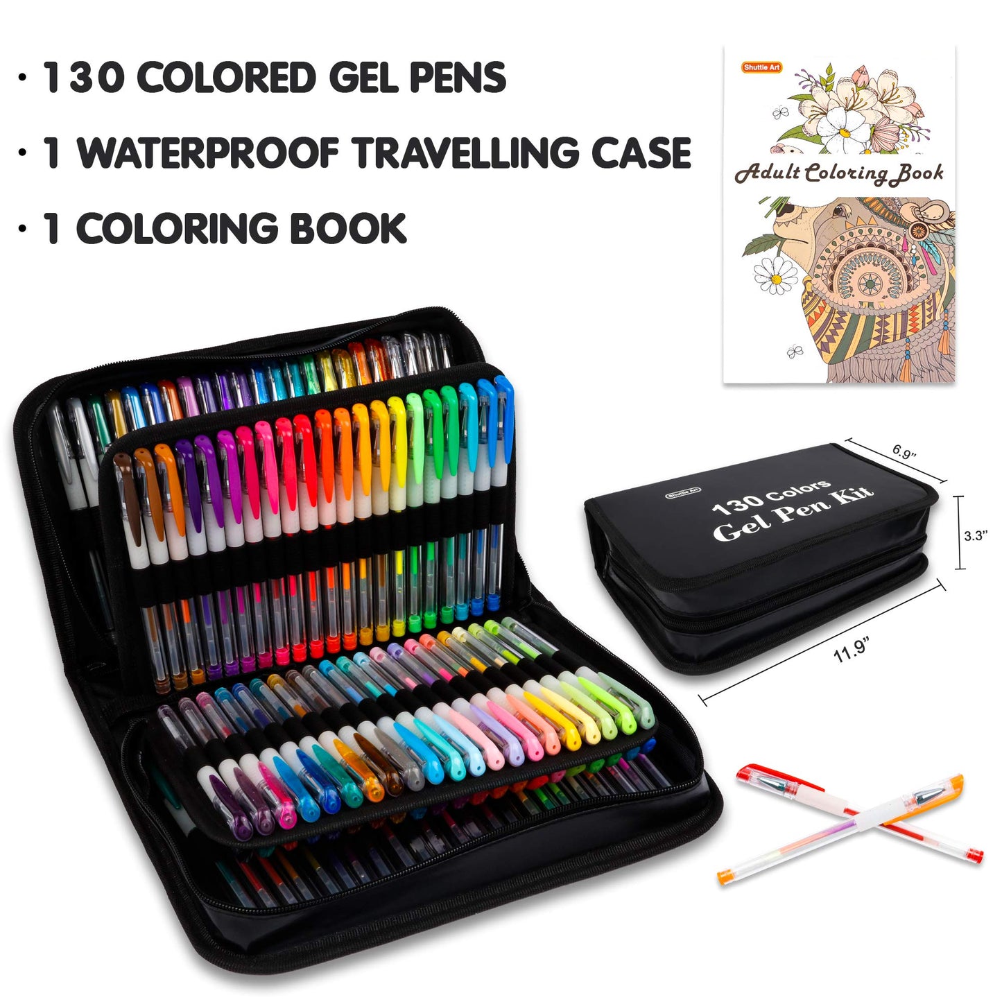 Shuttle Art Gel Pens, 130 Colours Gel Pen with 1 Colouring Book in Travel Case for Adults Colouring Books Drawing Crafts Scrapbooking Journaling