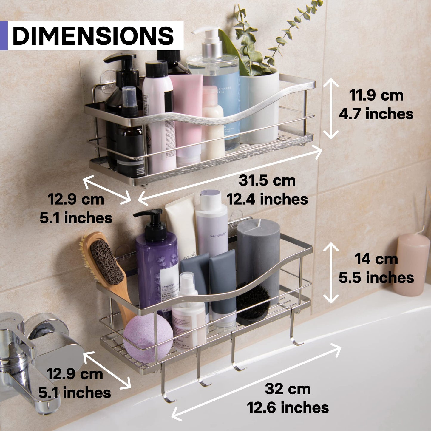 KINCMAX Shower Shelves 2-Pack - Self Adhesive Caddy with 4 Hooks - No Drill Large Capacity Stainless Steel Wall Shelf - Aesthetic Organiser for Inside Bathroom - Polished Silver