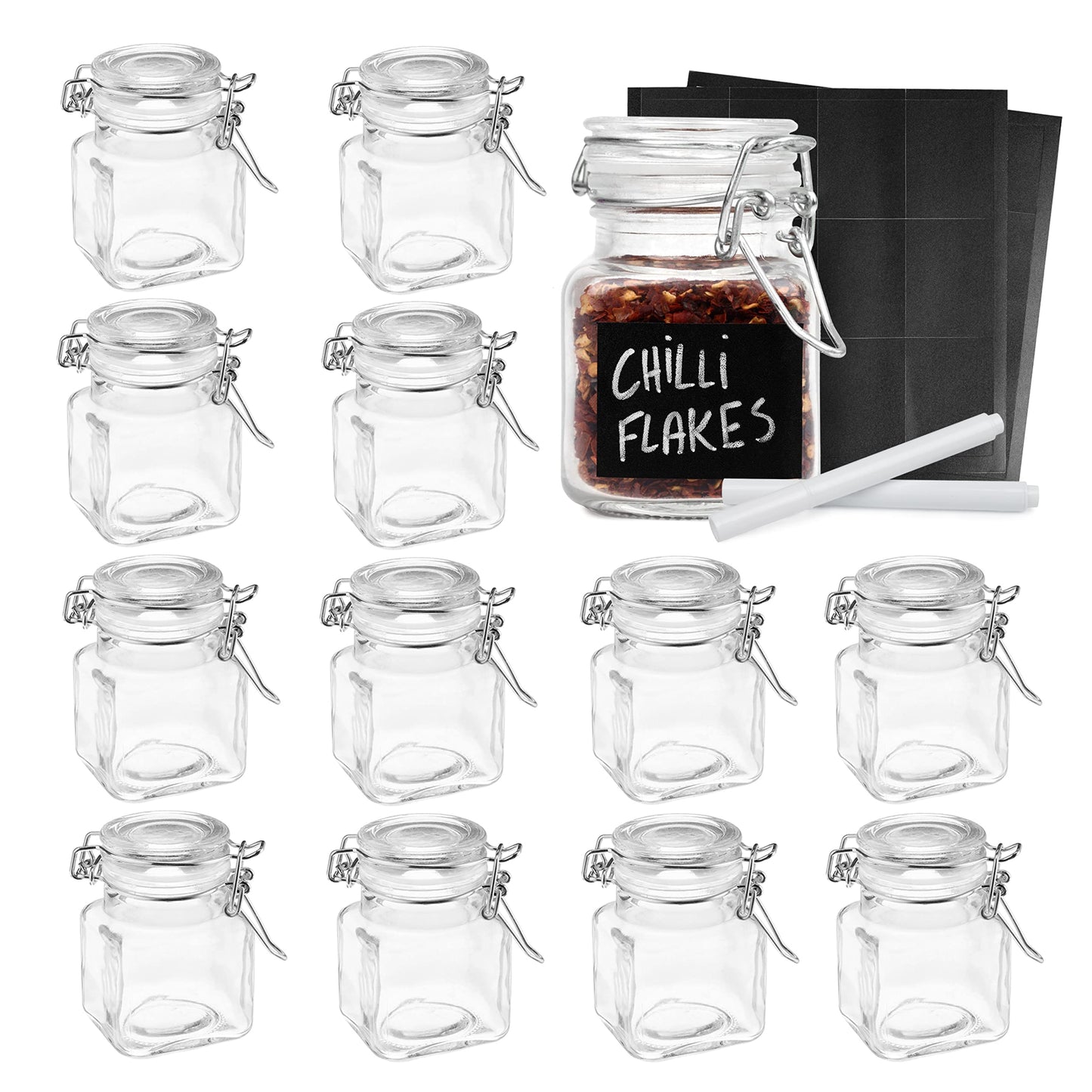 Oak & Steel - 12 Mini Clip Top Spice Jars 100 ml Glass Canister Containers with Lids, Labels and Chalk Pen (8 x 5cm) - Perfect for Spice Storage, Jam, Honey, Gifting