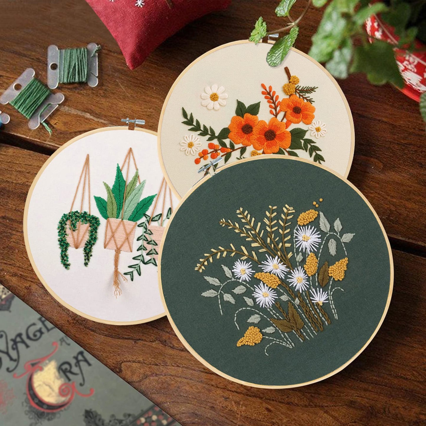 Jecanori Embroidery Starter Kit, 3 Pack Cross Stitch Kit with Floral or Plant Pattern and Instructions, Full Range of Embroidery Kits, Embroidery Hoops, Color Threads and Tool A-Flower-Tree