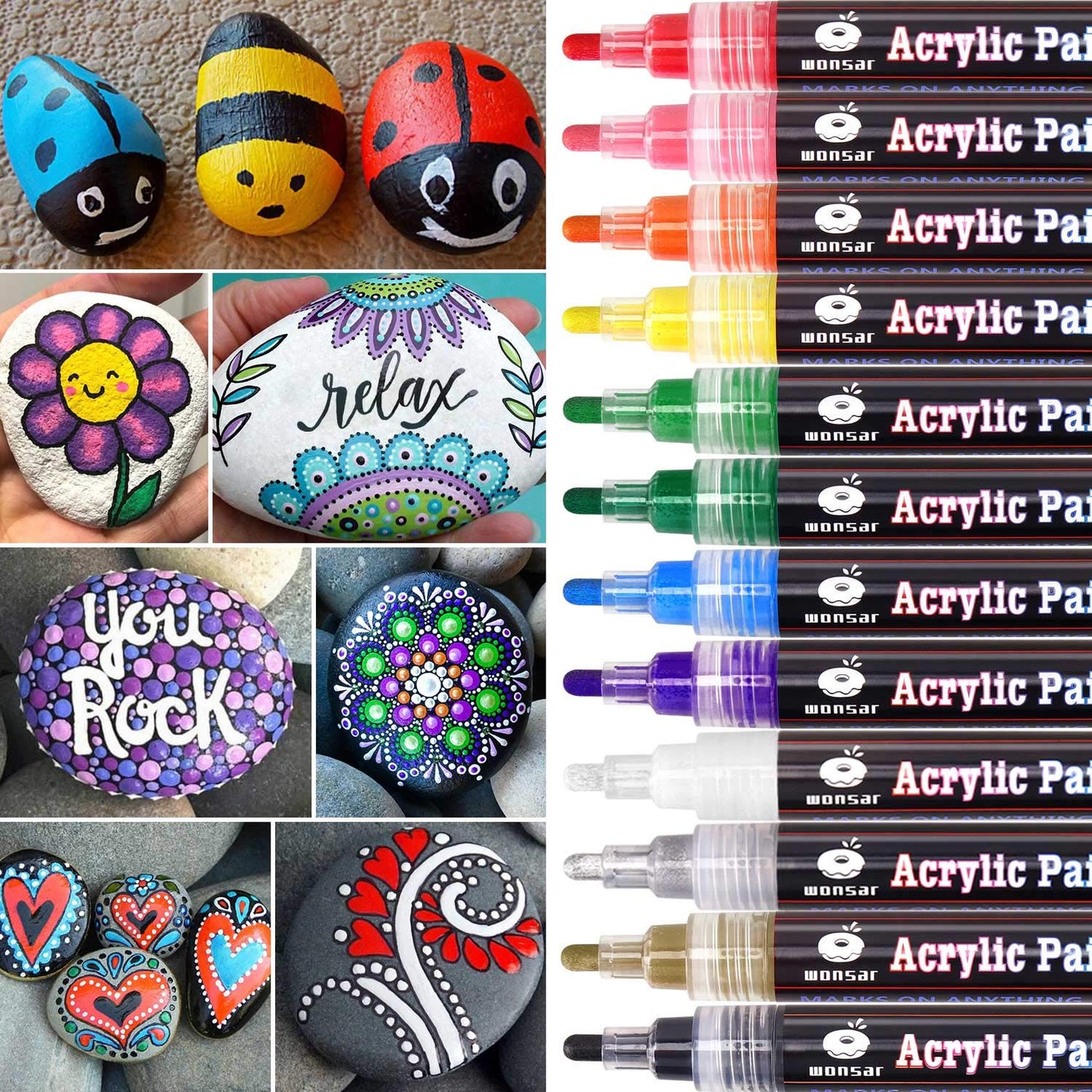 wonsar Acrylic Paint Pens for Rock Painting Stones Ceramic Porcelain Glass Pebbles Fabric Wood Kids DIY Canvas (12 Medium Tip) 12 Medium Tip