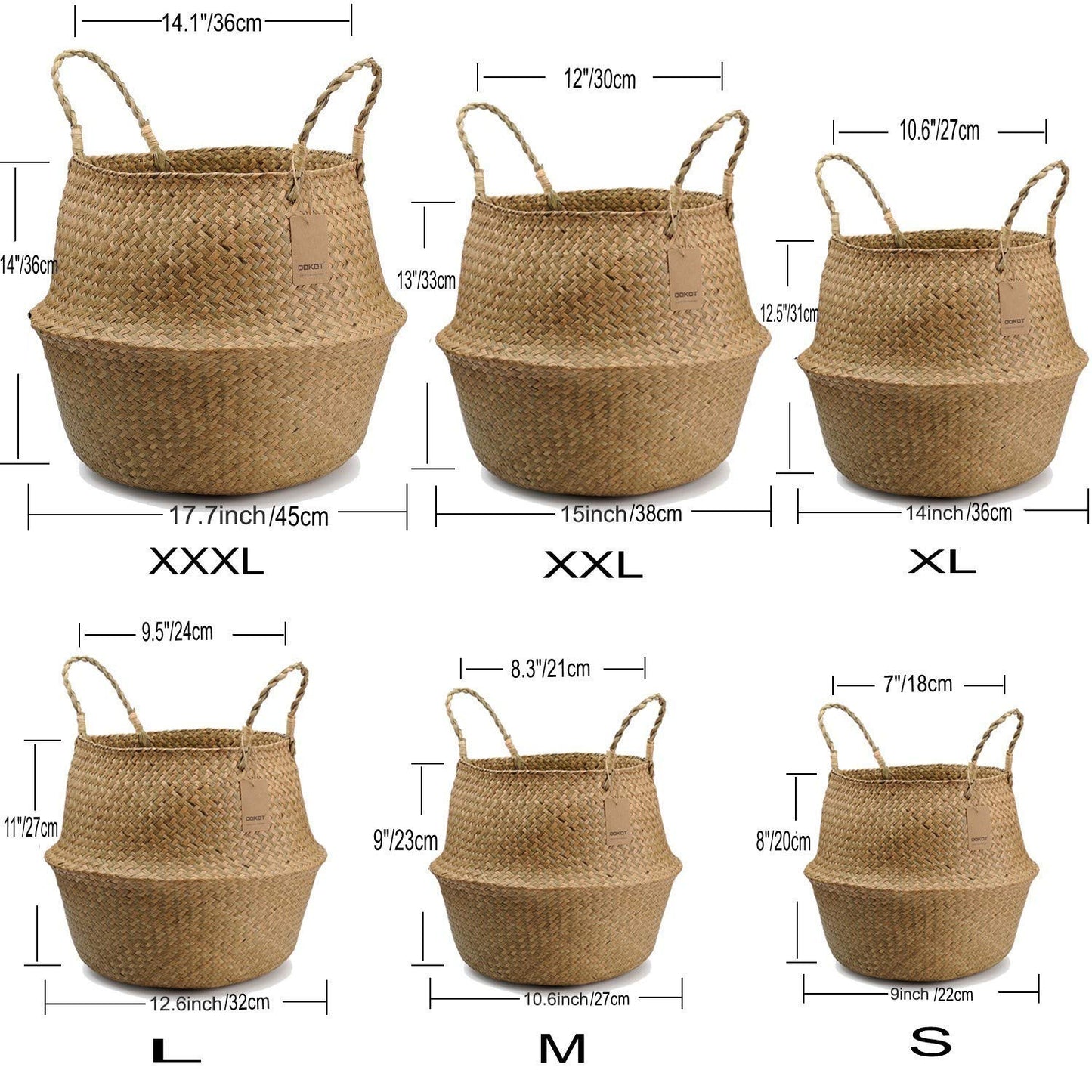 Natural Seagrass Storage Basket Woven Plant Basket Pot Laundry Basket With Handle, Foldable Belly Basket Toys Storage (Natural) Diamètre le Plus Large 45x36cm Natural