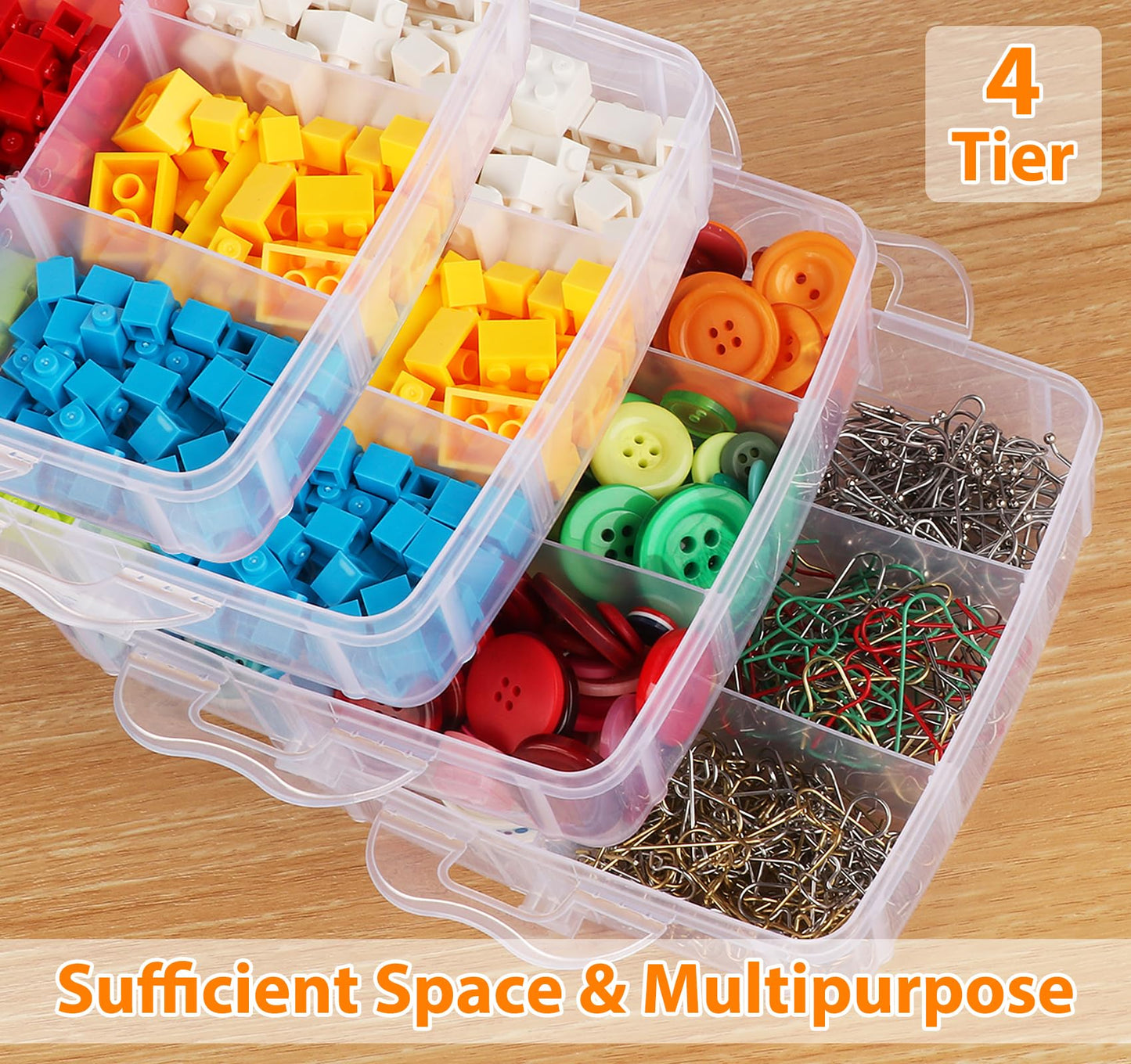 ilauke 4 Tier Craft Storage Box, Transparent Craft Box with 24 Compartments, Clear Plastic Tiered Craft Organiser Box for Kids, Arts and Crafts Box for Beads, Jewellery, Tools 4 x 6 Compartments