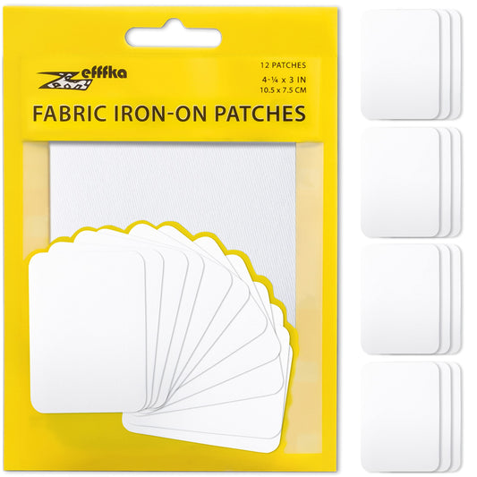 ZEFFFKA Premium Quality Fabric Iron-on Patches Inside & Outside Strongest Glue 100% Cotton White Repair Decorating Kit 12 Pieces Size 3" by 4-1/4" (7.5 cm x 10.5 cm)