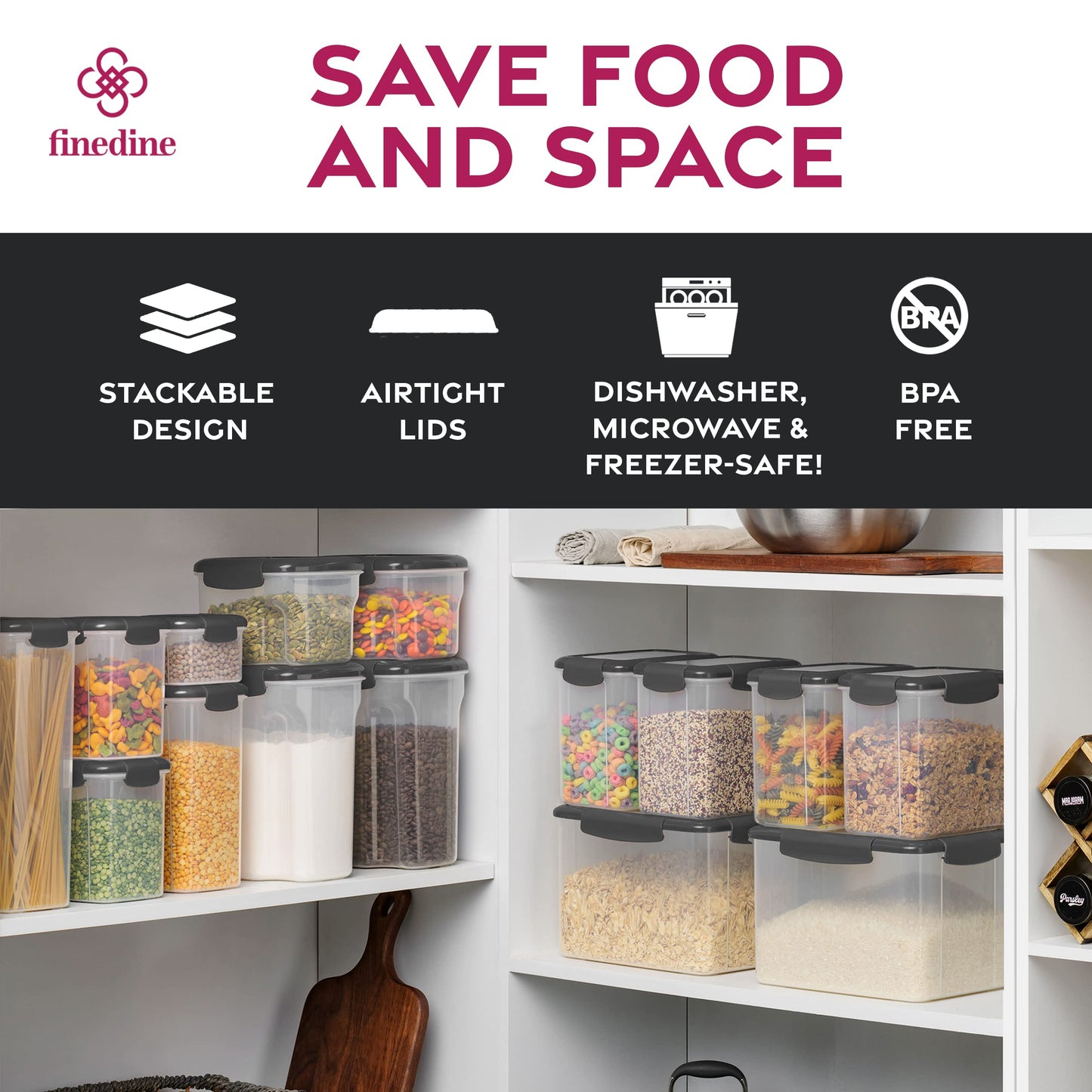 Large Airtight Dry Food Storage Containers With Lids - Set of 6 Stackable Kitchen Pantry Storage Container Set - Cereal Storage Containers Set with Labels & Marker For Dried Food Pasta Flour Sugar Etc Grey 6 Piece