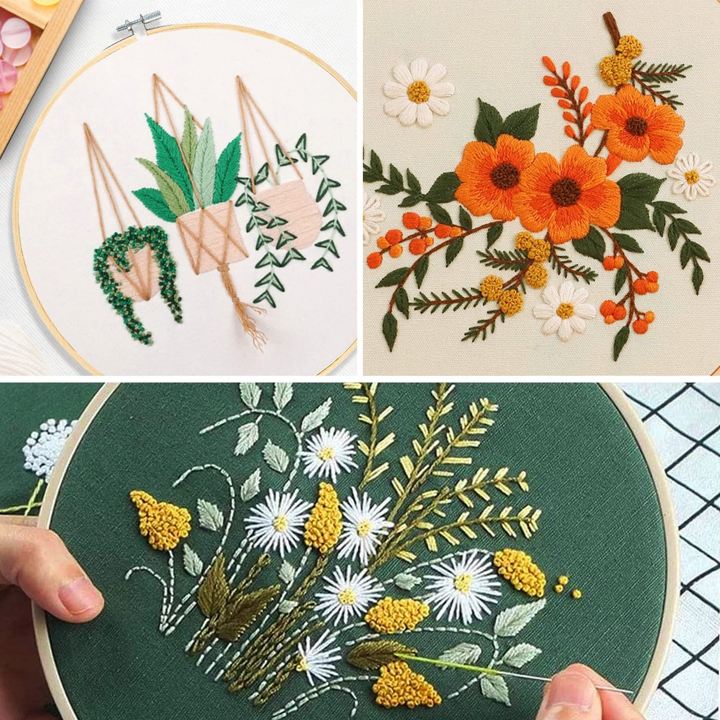 Jecanori Embroidery Starter Kit, 3 Pack Cross Stitch Kit with Floral or Plant Pattern and Instructions, Full Range of Embroidery Kits, Embroidery Hoops, Color Threads and Tool A-Flower-Tree