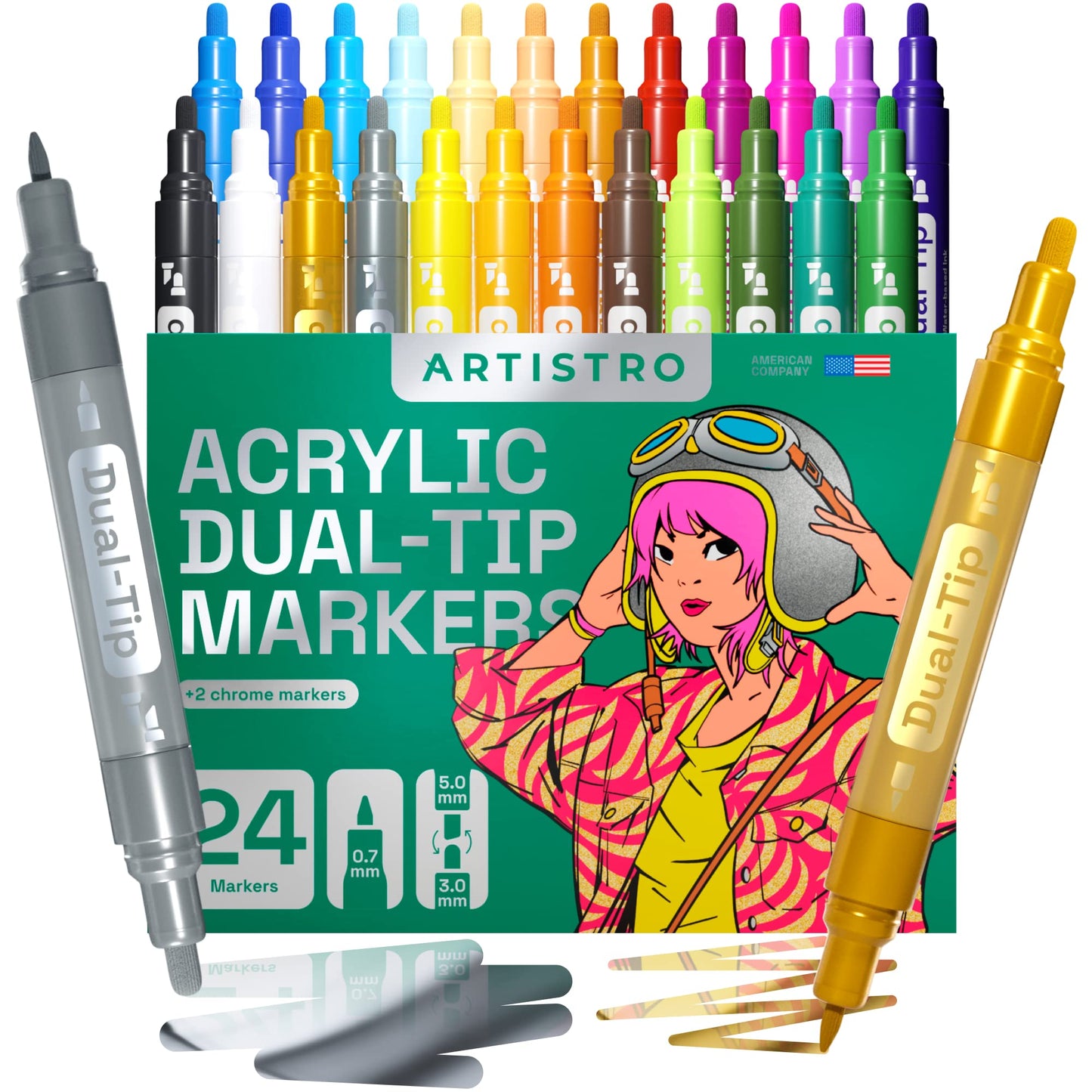 ARTISTRO Acrylic Paint Pens 24 Dual Tip Markers with 2 Mirror Chrome Marker Gold & Silver Extra Fine and Medium Tip + Chisel, Acrylic Paint Markers for Rocks, Wood, Canvas, Glass, Plastic 24 Pack Dual Tip