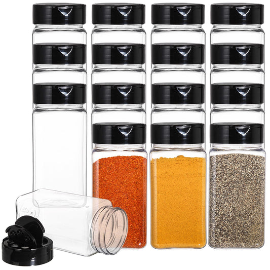 Bekith 16 Pack Plastic Spice Jars Bottles for Storing Spice, Herbs and Powders - 250ml BPA Free Plastic Spice Containers with Black Flip Top Cap to Pour or Shaker/Sifter