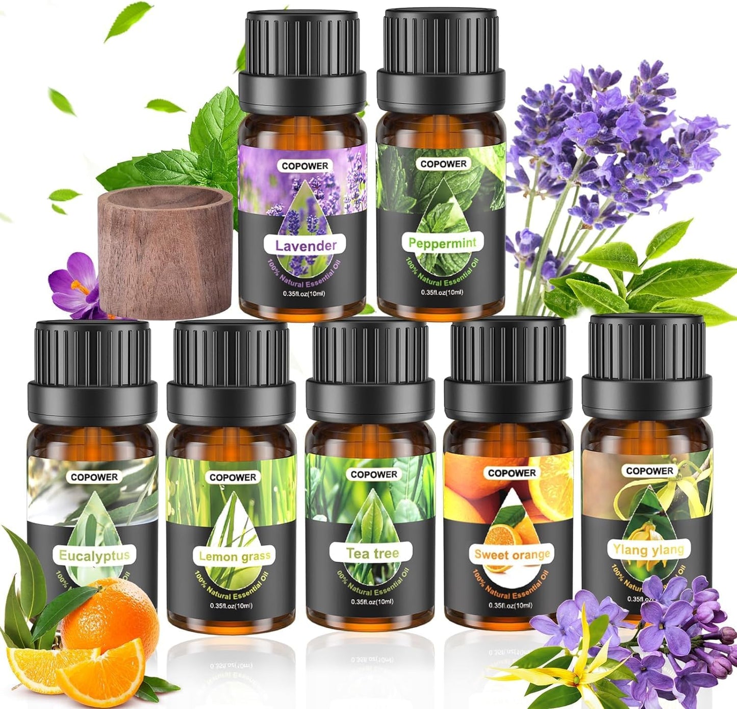 Essential Oils for Diffusers for Home, COPOWER 7x10mL Diffuser Oils Fragrance with Diffuser Wood, [Aroma Secrets] 100% Pure Aromatherapy Oil, Lavender, Lemon Grass, Tea Tree, Sweet Orange,Peppermint 10.00 ml (Pack of 7)