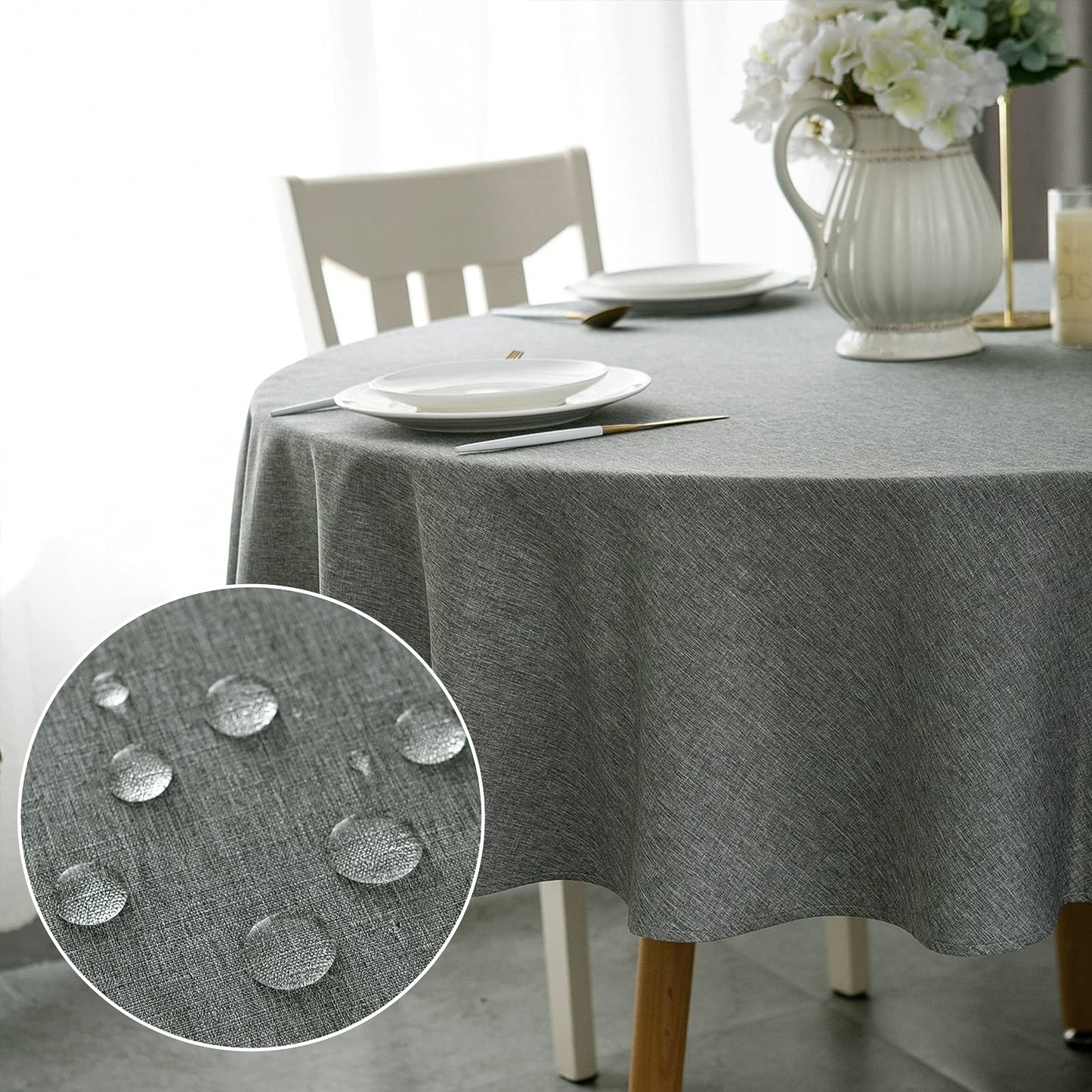 WELTRXE Round Table Cloth,150cm Diameter,Faux Linen Tablecloth,Water Resistant Spill Proof Wipeable Polyester Dining Table Cover for Cafe Restaurant Buffet Tabletop Decoration,Grey Gray Round-150cm (Tablecloth)