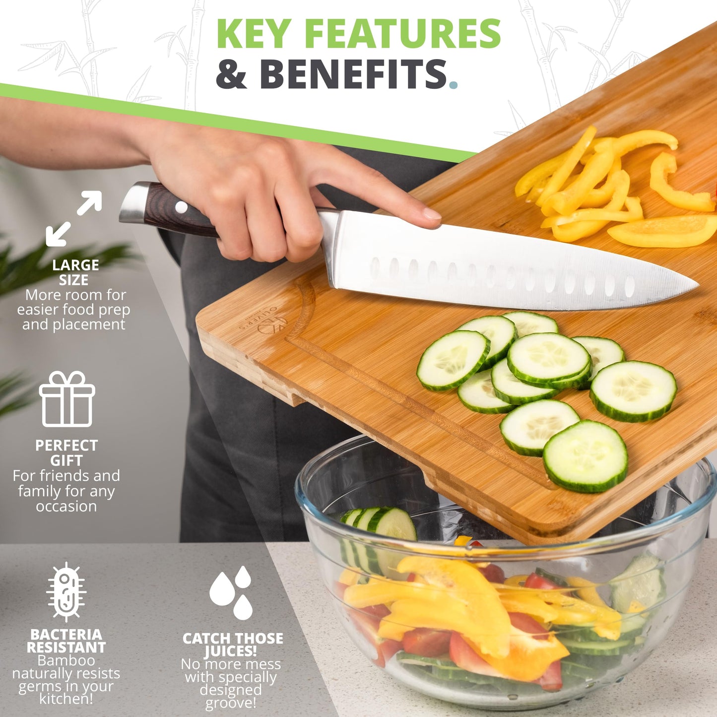 Oliver's Kitchen's Premium 100% Organic Large Bamboo Chopping Board - (45 x 30 x 2 cm) - Reversible Wooden Cutting Board - Strong, Durable & Hard Wearing Serving Board - Easy To Clean with Drip Groove