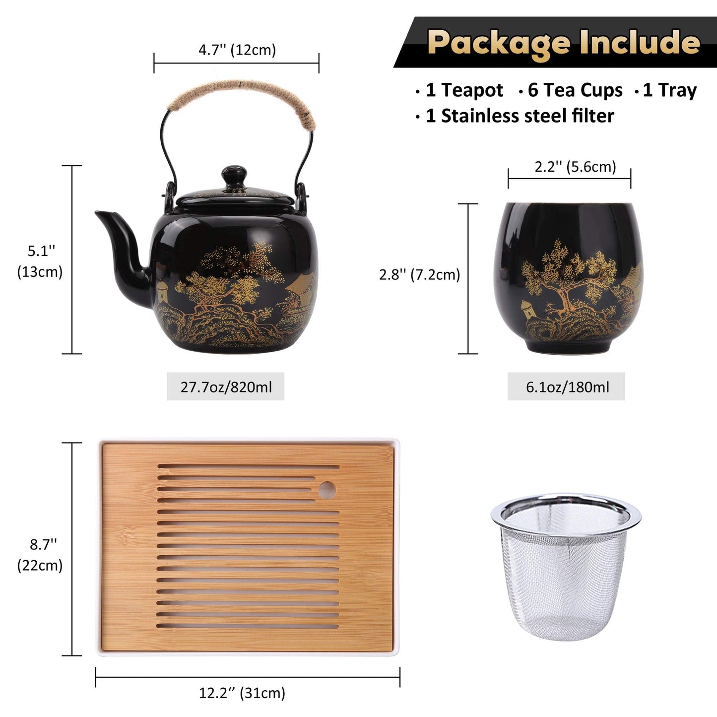 Dujust Japanese Tea Set, Black Porcelain Tea Set with 1 Teapot Set, 6 Tea Cups, 1 Tea Tray, 1 Stainless Infuser, Beautiful Asian Tea Set for Tea Lover/Women/Men (Countryside in Golden) - Black