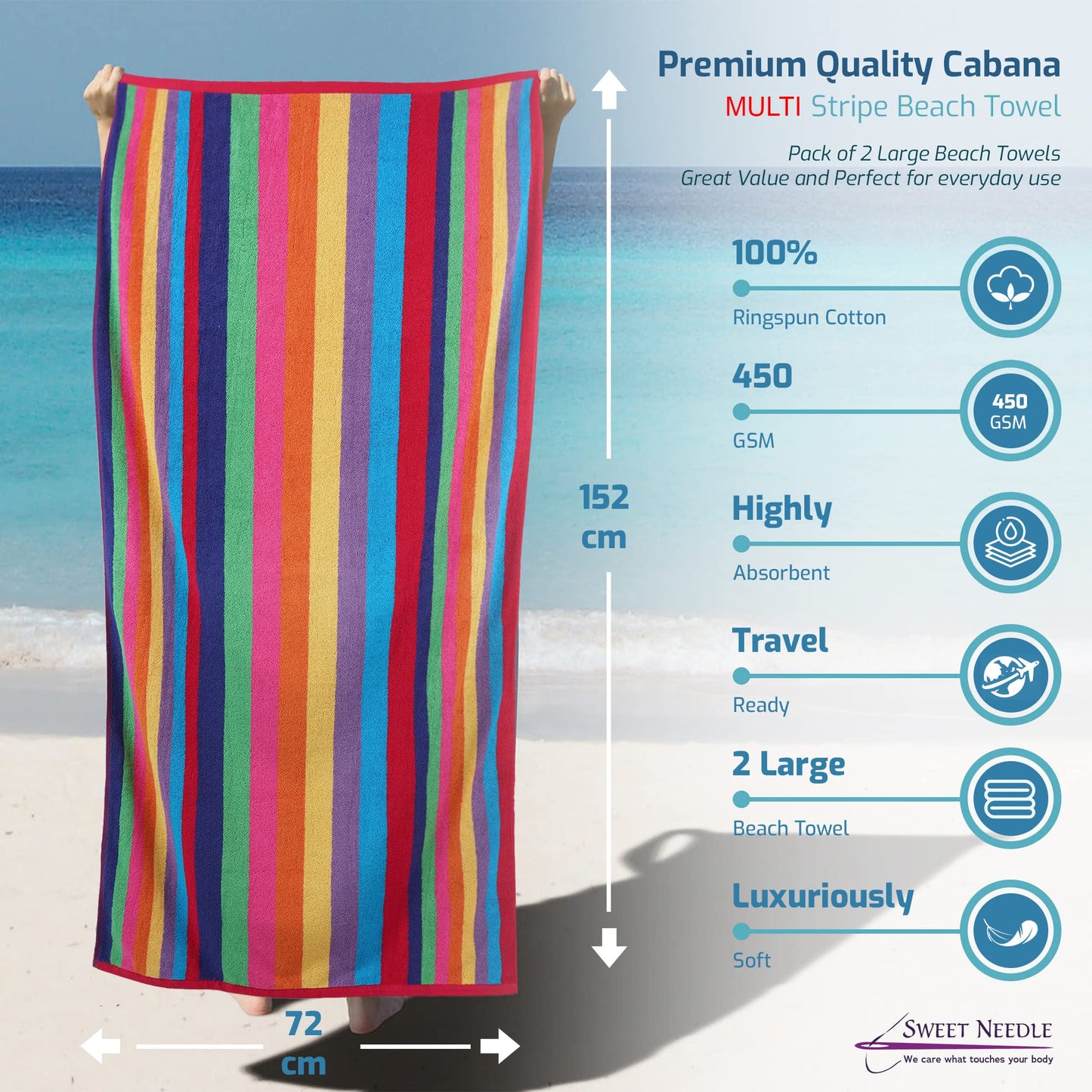 SweetNeedle Beach Towels for Adults Pack of 2 - Miami Vibe Multi Cabana Stripe Classic - 100% Cotton Terry Ringspun Pool Towel, Quick Dry, Super Absorbent Swimming large towel, 450 GSM, 76 x 152 cm