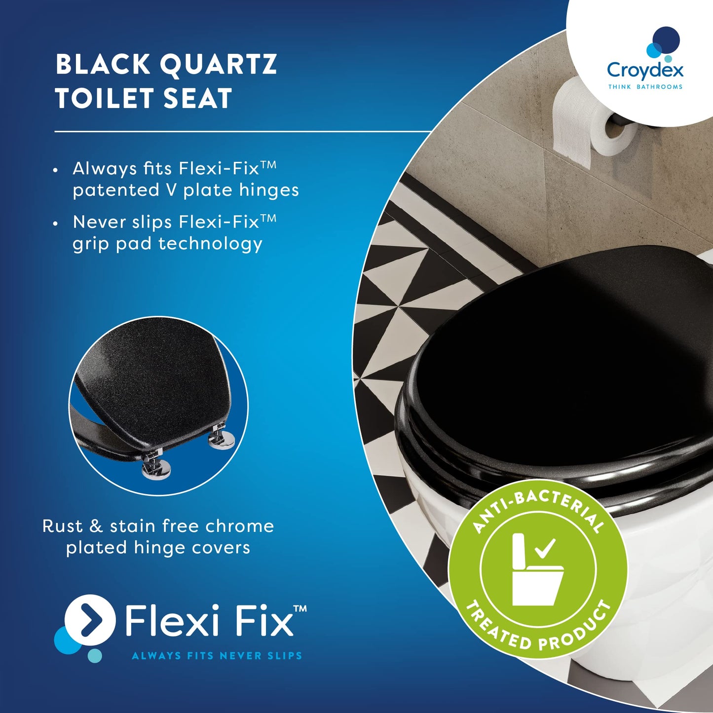 Croydex Black Quartz Flexi-Fix Toilet Seat, Black Toilet Seat Glitter Quartz Finish, Flexi-Fix Never Slips Grip Pad Technology, Adjustable Hinges, Top & Bottom Fix, All Fittings Included 44.5x38x6cm Quartz Black