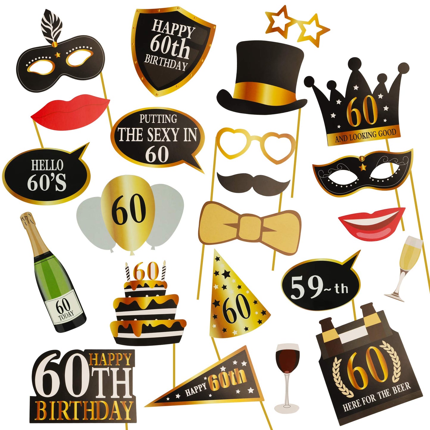 KissDate 24Pcs 60th Birthday Photo Booth Props, Funny DIY Kit for Men Women 60th Birthday Party Supplies 60th Birthday Decorations for Men Women(Black and Gold)