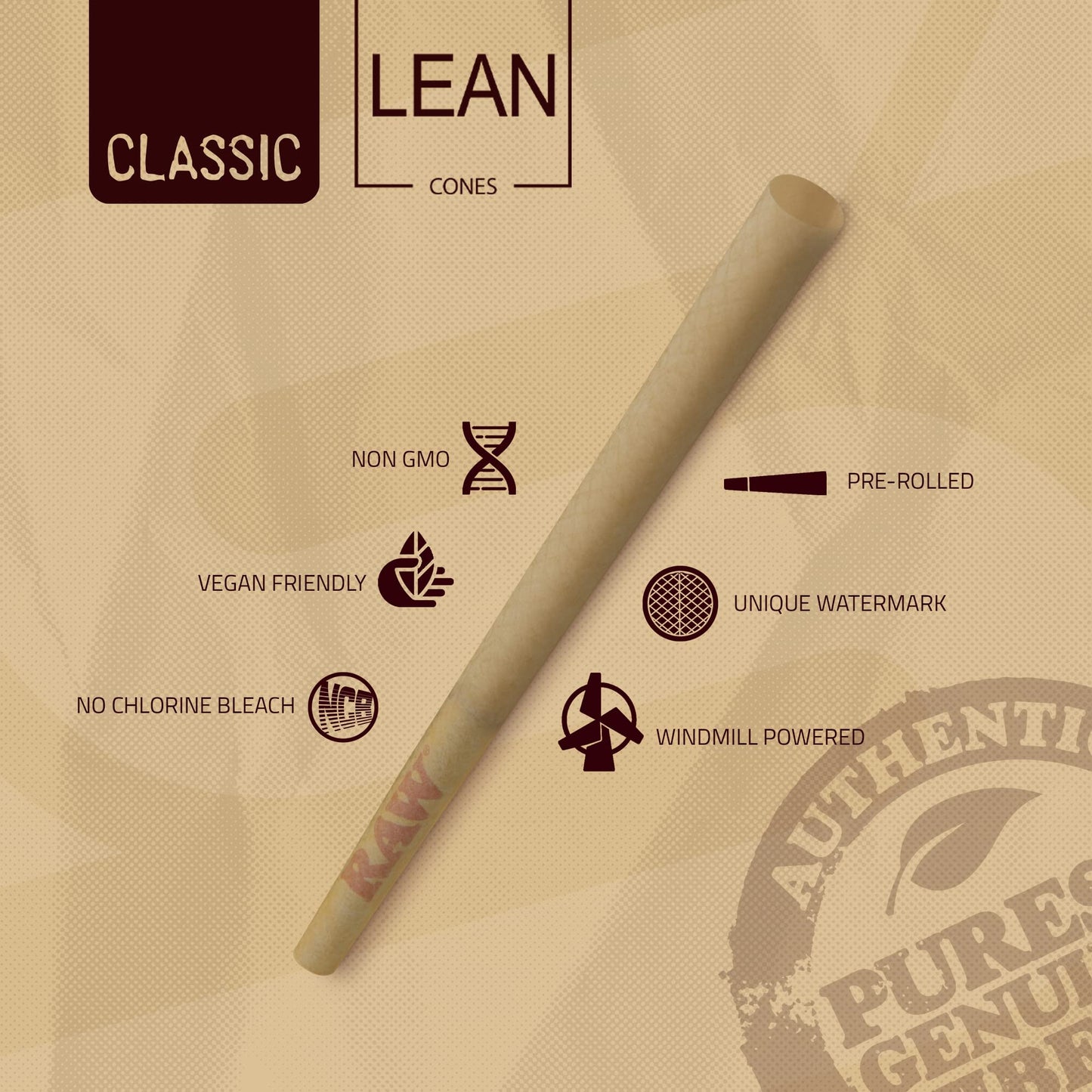 RAW Cones Classic Lean Size | 50 Pack | Natural Pre Rolled Rolling Paper with Tips & Packing Sticks Included