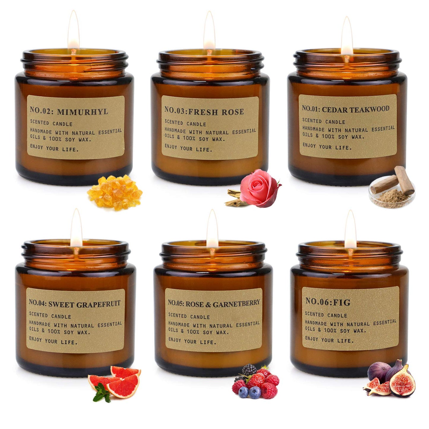 Scented Candles Gift Set 6 Pack 3.5 Oz Soy Wax Jar Candles Aromatherapy for Her with Rose Teakwood and Fig Long Lasting Home Fragrance Relaxing Candles Gift for Women Mum Wife Mother's Day Presents