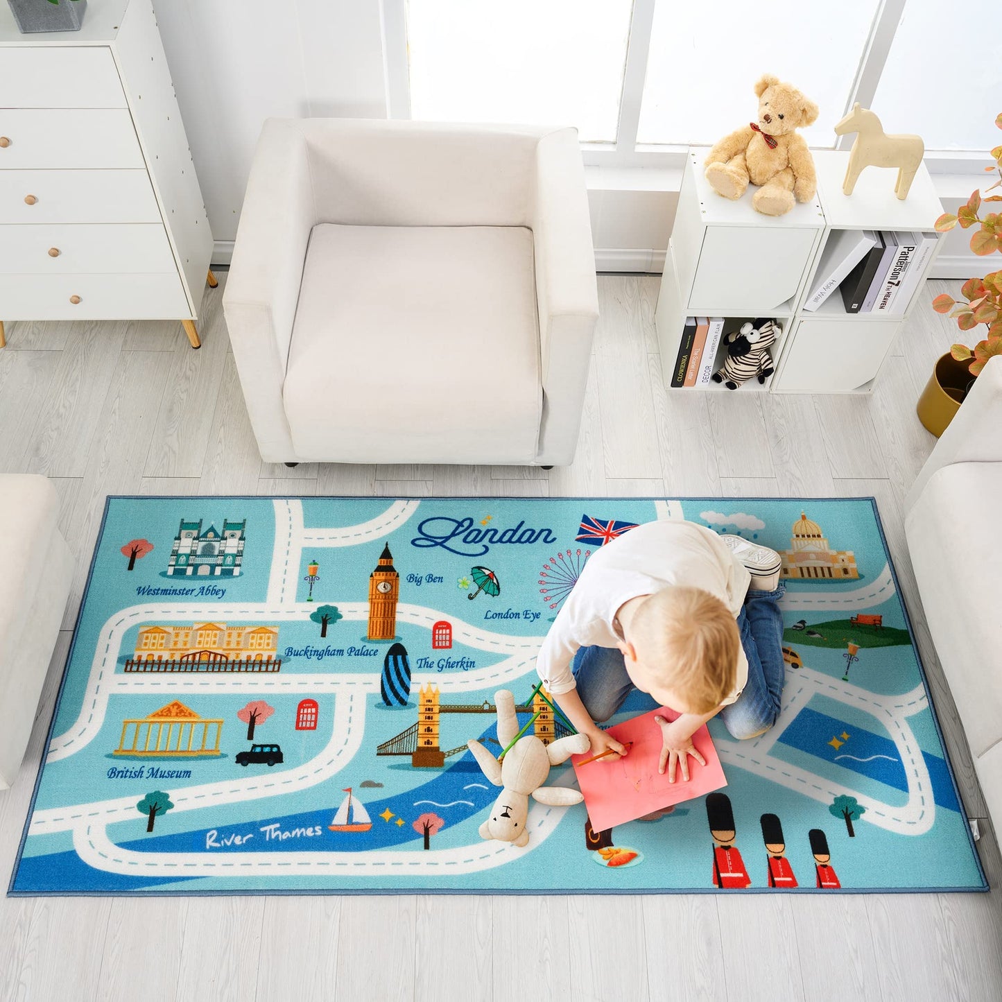 Kids Rug Play Mat for Toy Cars Fun Country Rugs with Roads for Bedroom and Kidrooms Car Rug Great for Playing London City Car Road Rug 100 x 200 cm