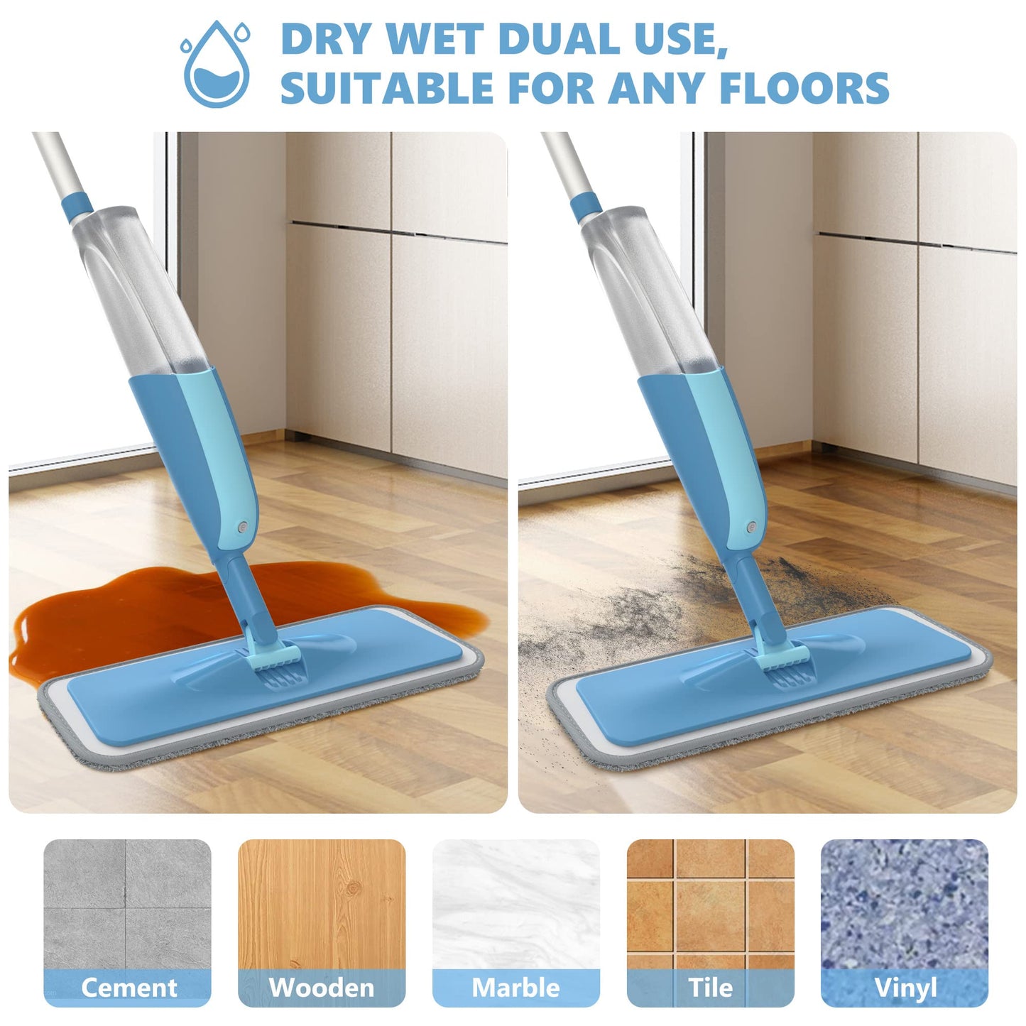 Spray Floor Mop, PAPCLEAN Microfibre Spray Mop with 3 Reusable Pads and 410ML Refillable Bottle, 360 Degree Spin Mop Suitable for Hardwood, Marble, Tile, Laminate, or Ceramic Floors - Cyan Blue