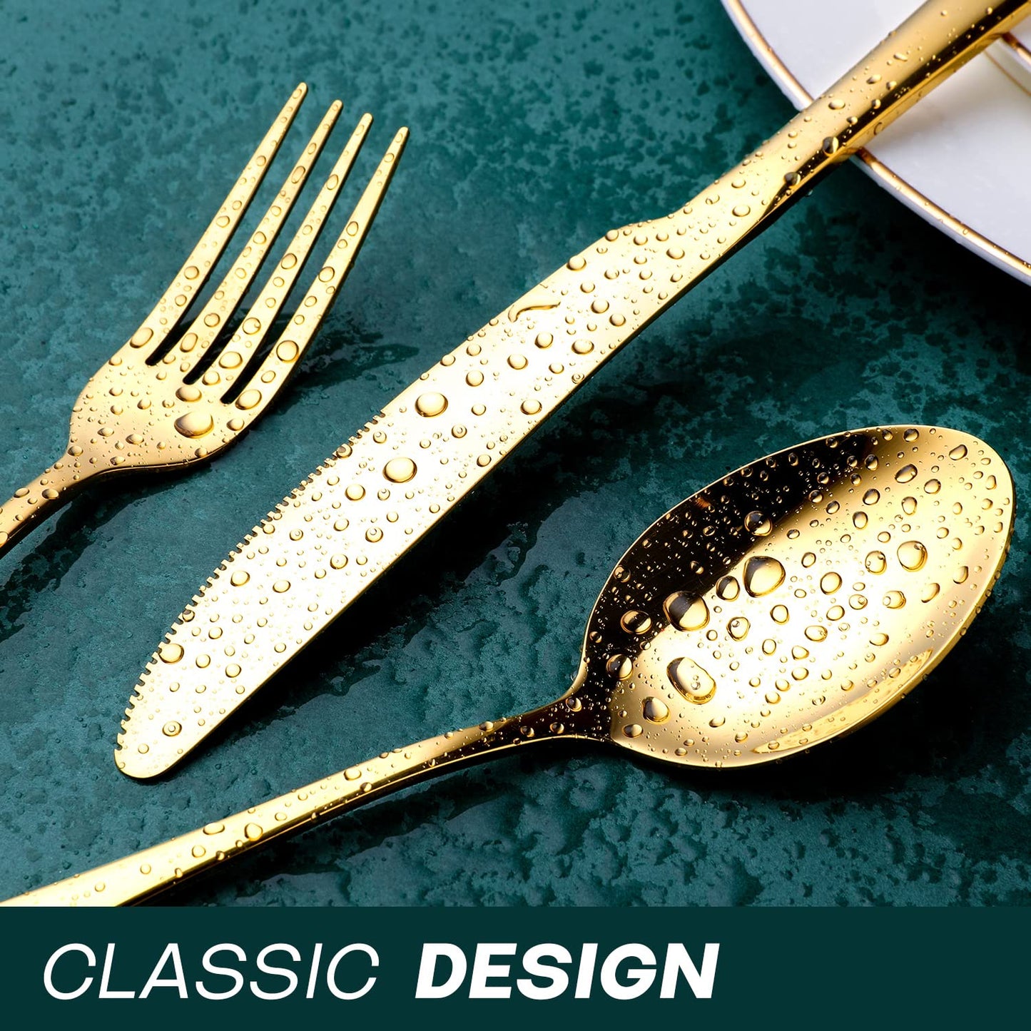 Gold Cutlery Set, OGORI 24-Piece Mirror Polished Gold Unique Wooden Box Design for Gift, Stainless Steel Flatware Set, Silverware Set with Spoon Knife and Fork Set, Service for 6 24-Piece for 6 Gold-wooden Box