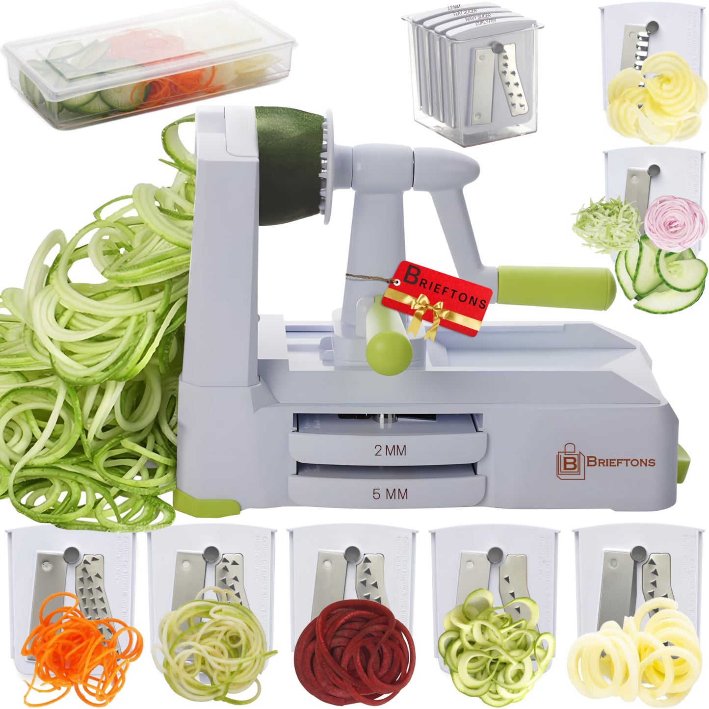 Brieftons 7-Blade Vegetable Spiralizer: Strongest-Heaviest Spiral Slicer, Best Veggie Pasta Spaghetti Maker for Low Carb/Paleo/Gluten-Free Meals, with Blade Caddy, Container, Lid & 4 Recipe Ebooks 2. White (7 Blades)