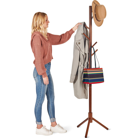 High-Grade Wooden Tree Coat Rack Stand, 6 Hooks - Super Easy Assembly NO Tools Required - 3 Adjustable Sizes Free Standing Coat Stand, Hallway Coat Hanger Hat Stand, for Handbag, Clothes & Accessories Vintage Wood