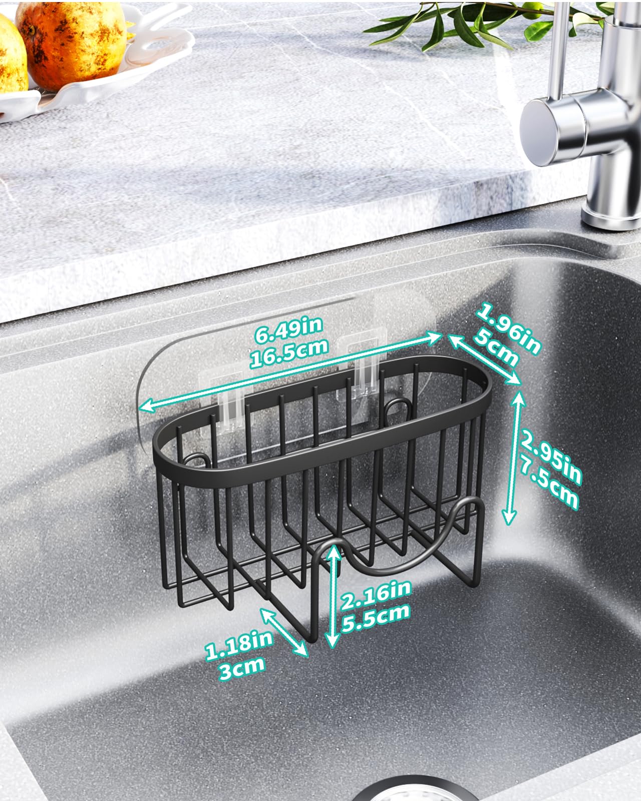 HapiRm Sink Caddy, M-Shaped Sponge Holder for Kitchen Sink, Stainless Steel Kitchen Sponge Holder no Drilling, Rustproof Kitchen Sink Organiser for Sponge Brush Sink Stopper, with 2 Adhesives Black-01 6.49 * 3.14 * 2.95in