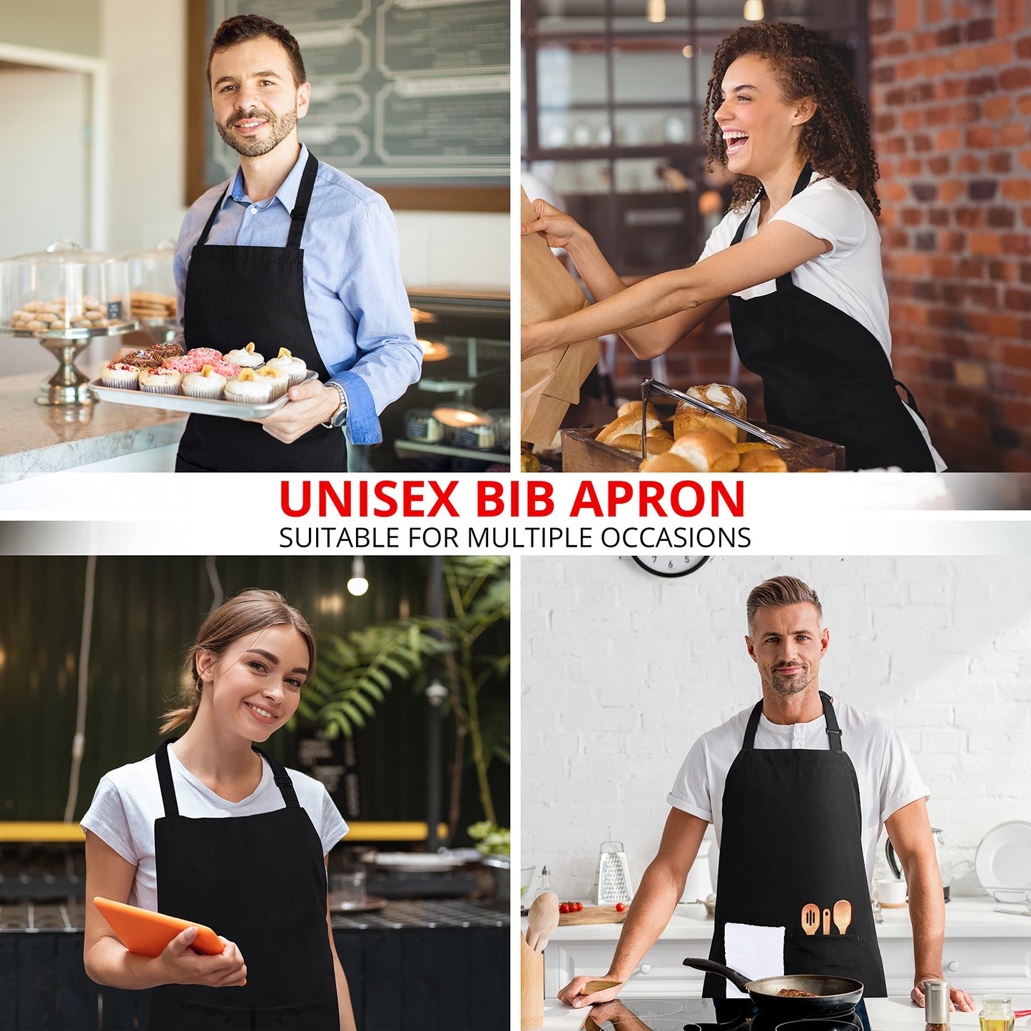 Utopia Kitchen 2 Pack Adjustable Bib Apron with 2 Pockets Waterdrop Resistant Cooking Kitchen Apron for Men, Women with Long Ties Black